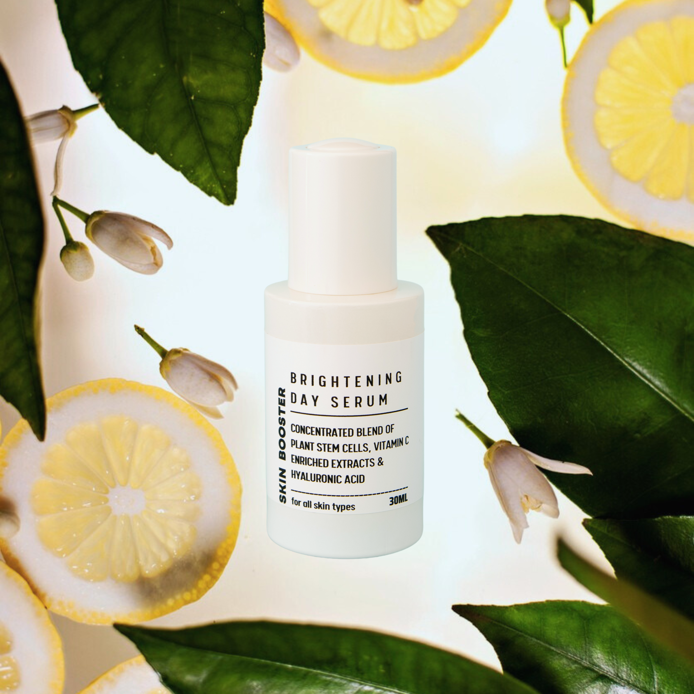 A white bottle of Brightening Day Serum surrounded by slices of lemon, green leaves, and small white flowers.