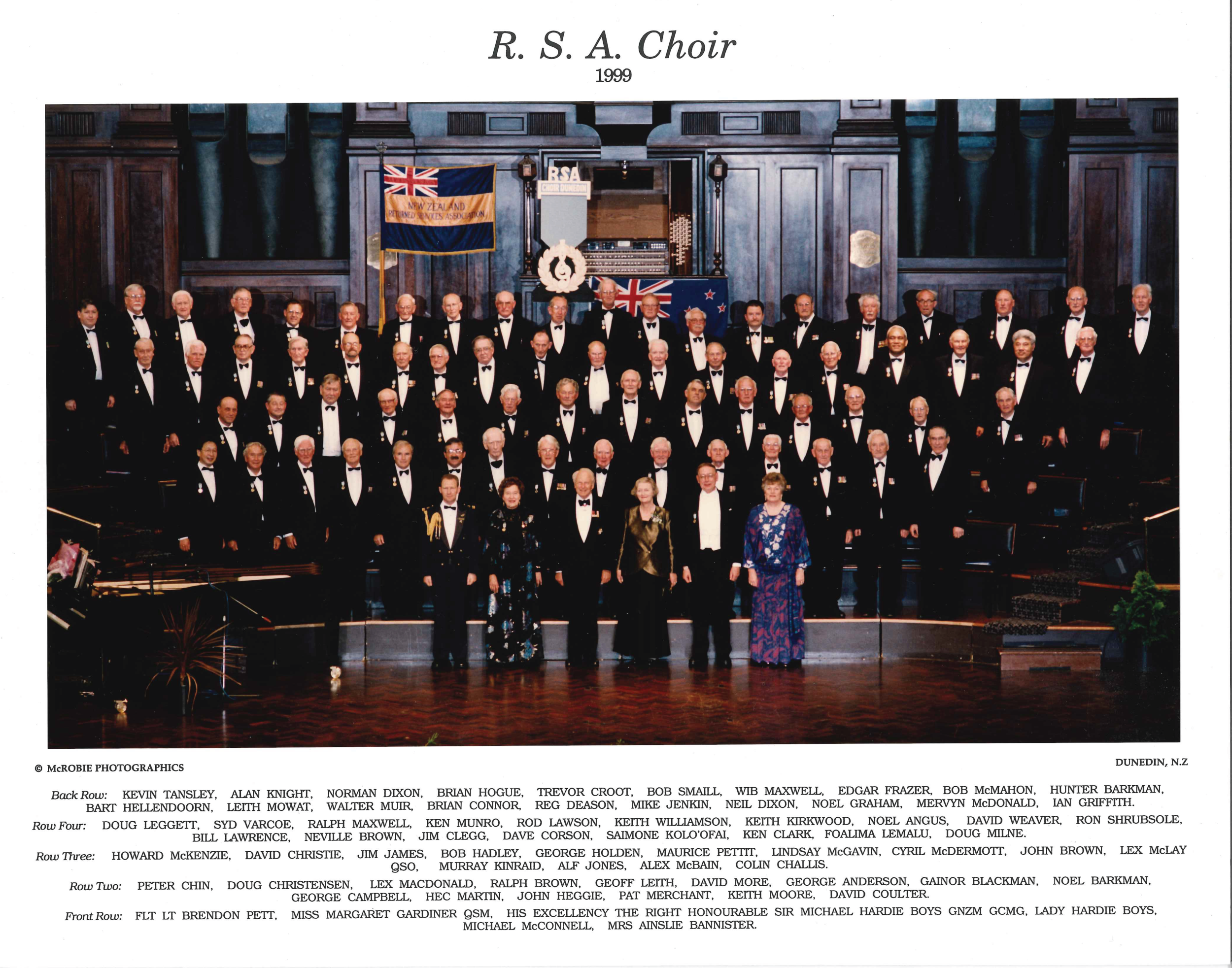 1999 RSA Choir in Town Hall, Guests FLT LT Brendon Pett, His Excellency The Right Honourable Sir Michael Hardie Boys GNZM GCMC, Ladie Hardie Boys, Mrs Ainslie Bannister