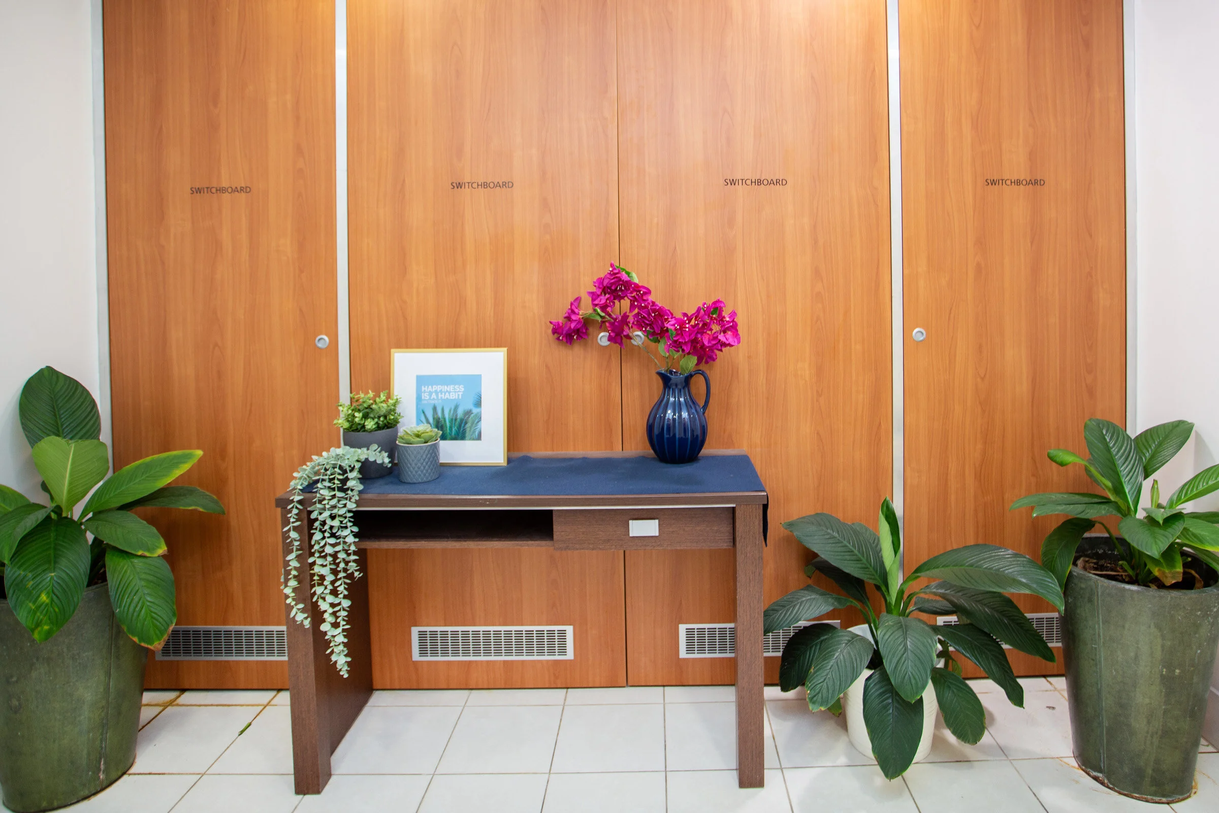 Wooden desk with blue vase and pink flowers, framed photo, and potted plants against switchboard panel doors.