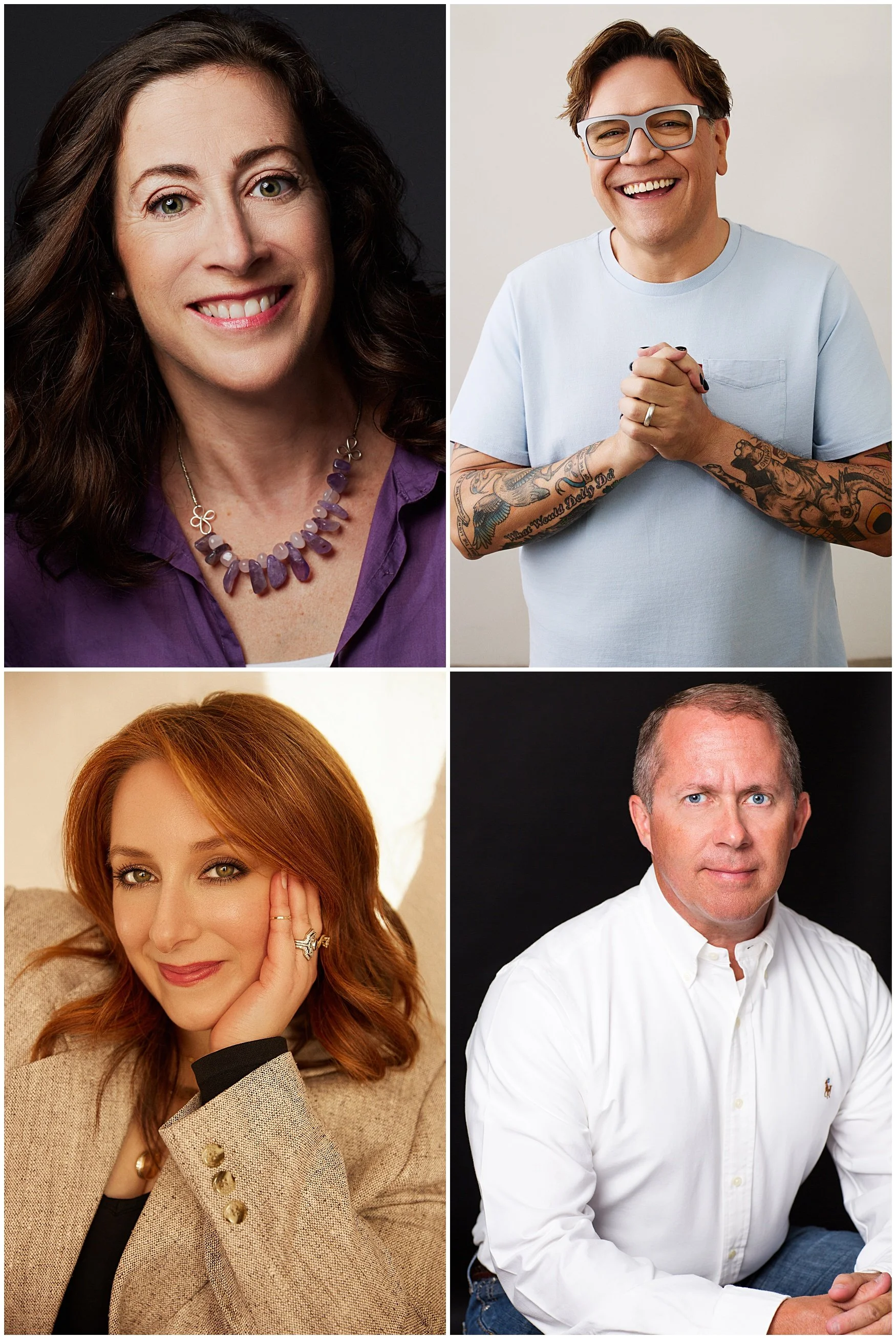 Collage of four professional headshot portraits: a woman with dark hair in a purple shirt, a man with glasses and tattoos in a light blue shirt, a woman with red hair in a beige blazer, and a man with short gray hair in a white shirt.