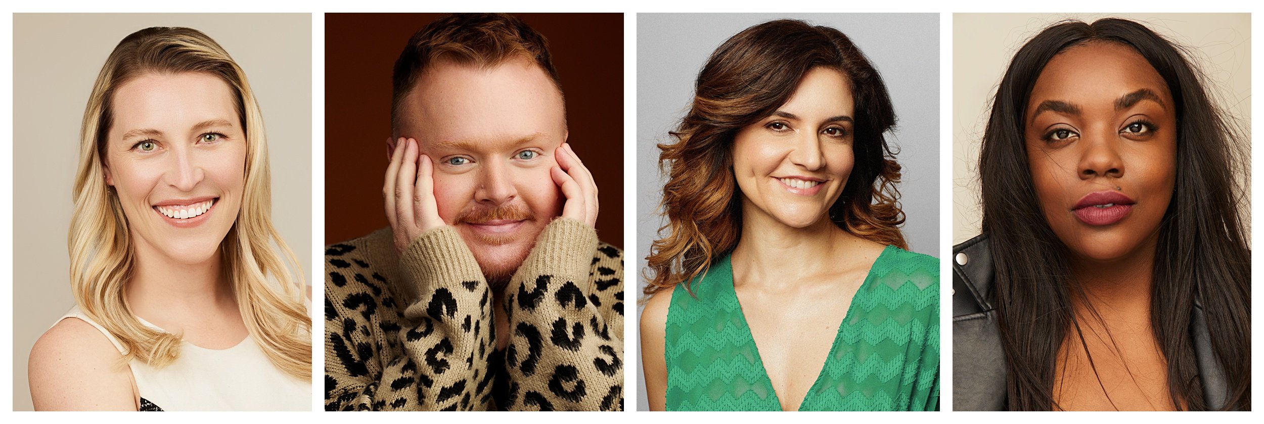 Collage of four diverse smiling portraits of women and a man, each with different backgrounds and styles.