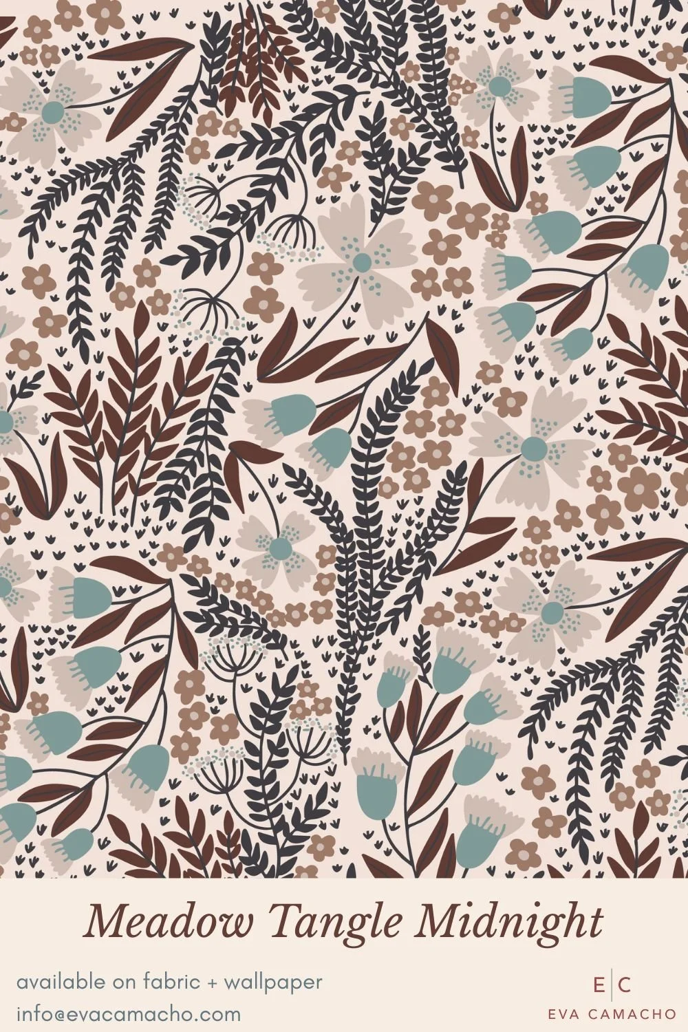 A lush, enchanted forest floral filled with layered leaves, ferns, and stylized blossoms in deep midnight hues. A richly detailed folk-botanical print perfect for quilts, apparel, wallpaper, and home décor.