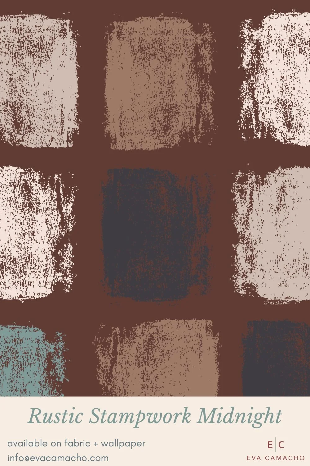 A hand-stamped block print featuring textured painterly squares in a warm, earthy midnight palette. A versatile geometric coordinate perfect for quilts, modern home décor, apparel accents, and artisan-inspired sewing projects.