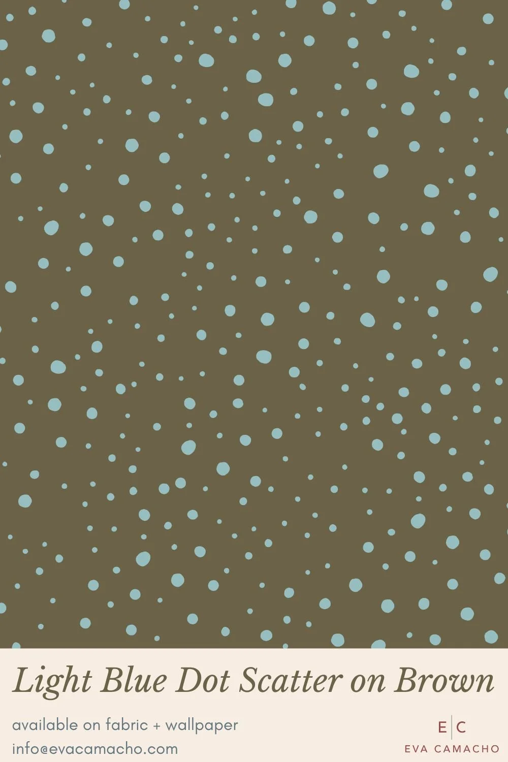 A simple scatter print featuring hand-drawn light blue dots on a warm brown background. A modern small-scale accent pattern with a playful, organic feel.
