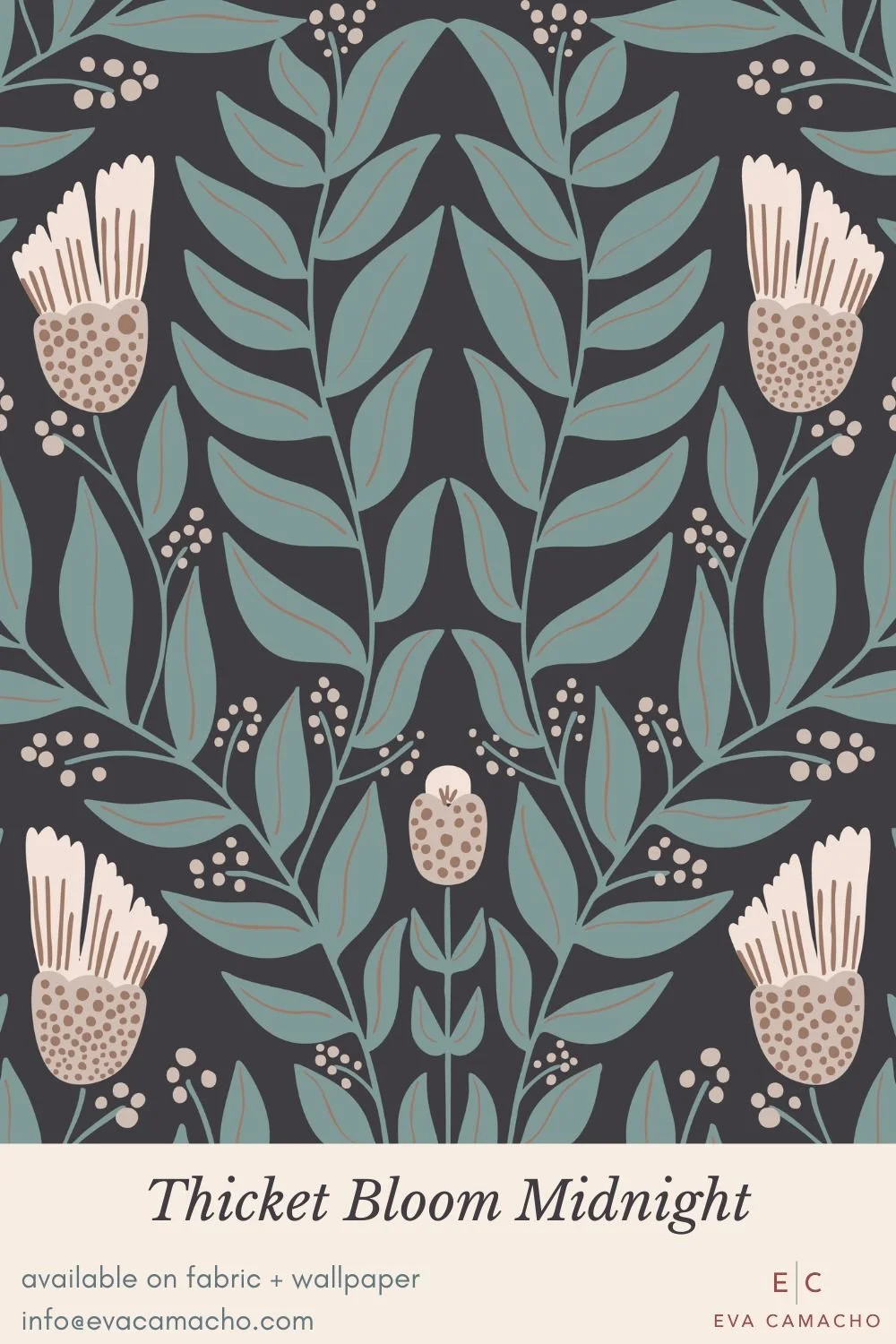 A bold folk-botanical print featuring stylized leaves, berries, and thistle-inspired blooms in an elegant midnight palette. Perfect for modern cottagecore projects, quilts, apparel, wallpaper, and home décor.