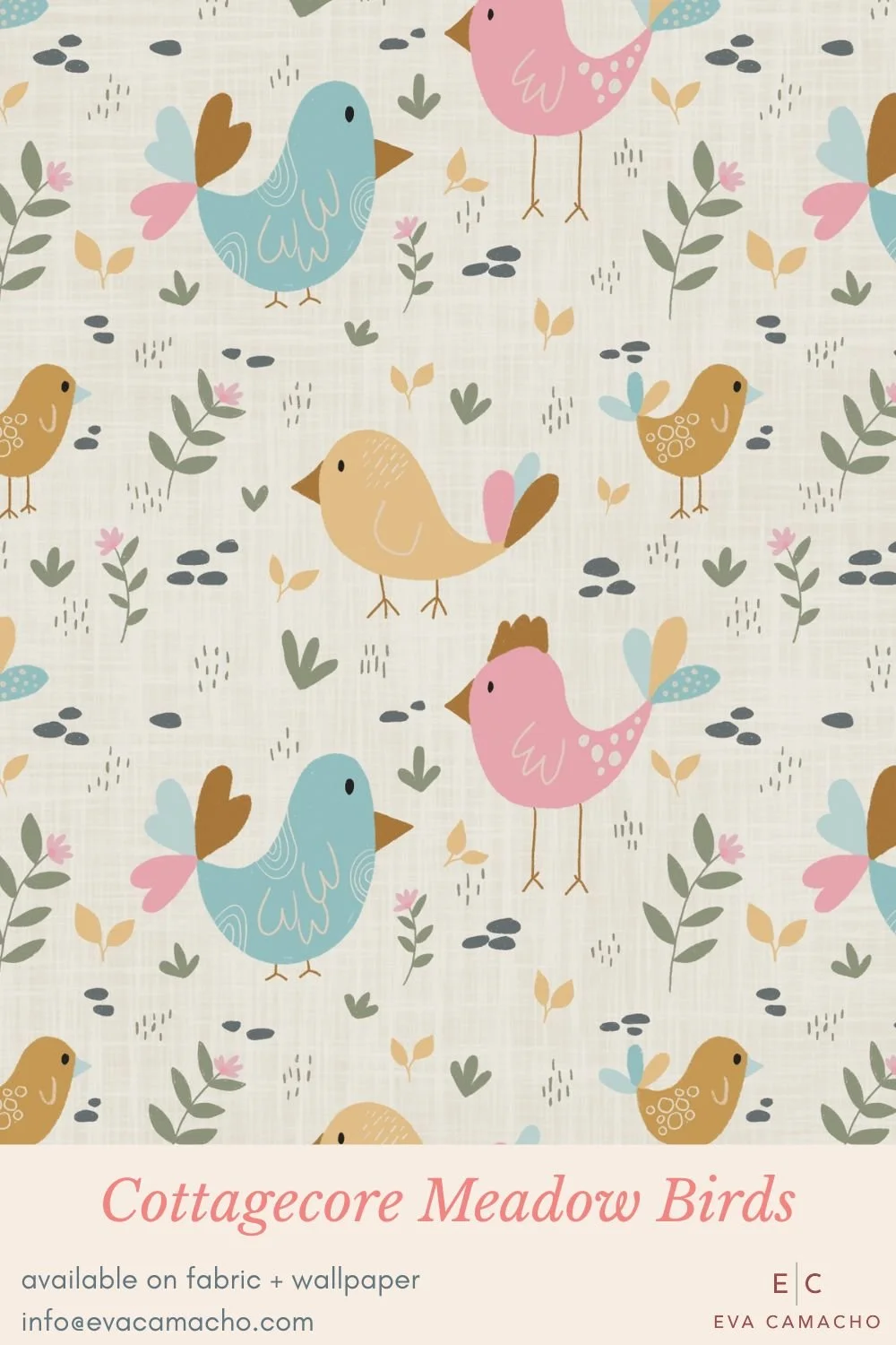 Sweet little birds flutter among delicate sprigs and petals in this joyful kids’ pattern. Soft pastels and whimsical hand-drawn details make it ideal for nursery wallpaper, baby clothing, quilts, and cheerful playroom décor. A heartwarming centerpiec