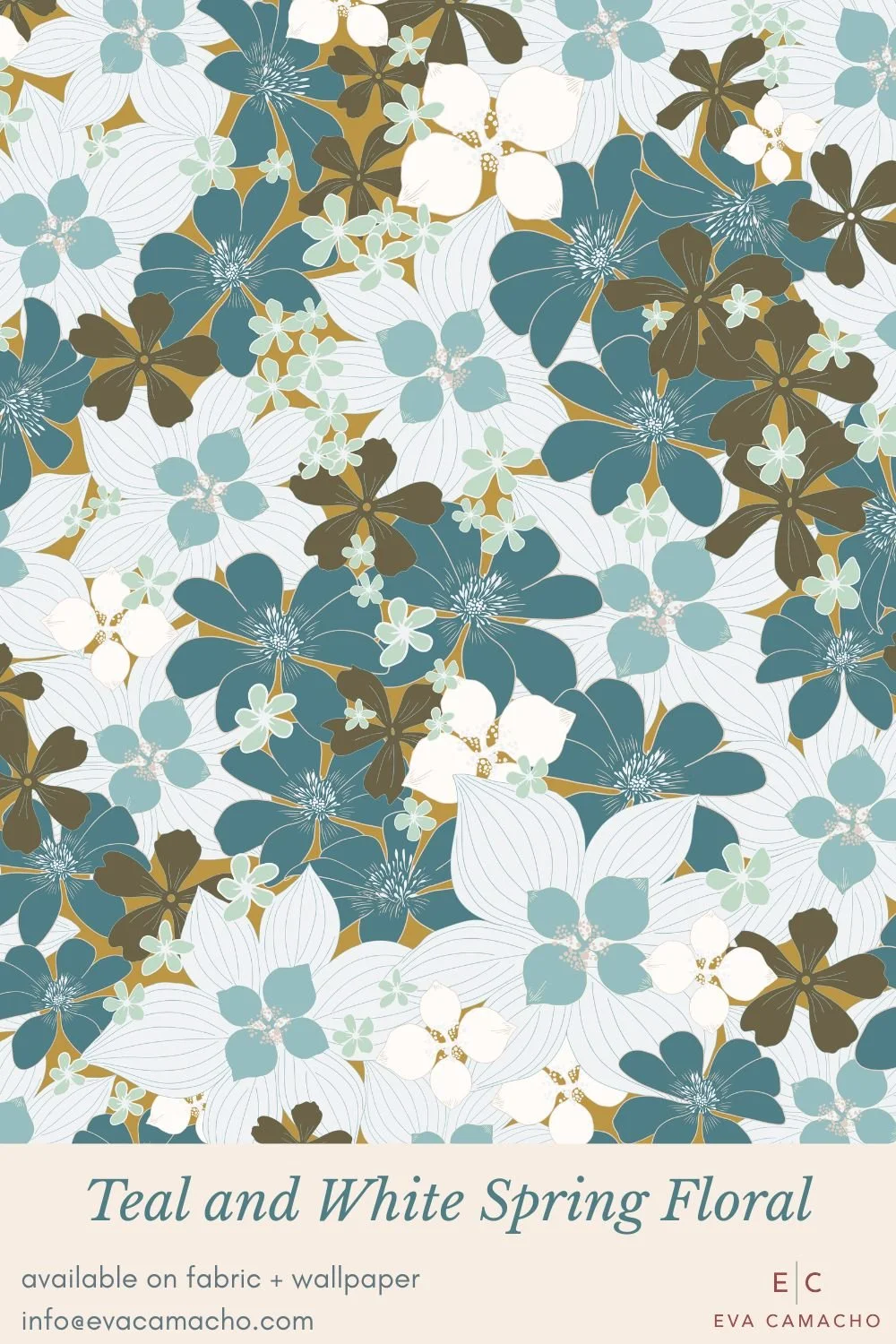 A layered spring floral print featuring teal, white, and soft brown blossoms with fine line details. Dense, organic clusters create a fresh, modern botanical design with a light, airy feel.