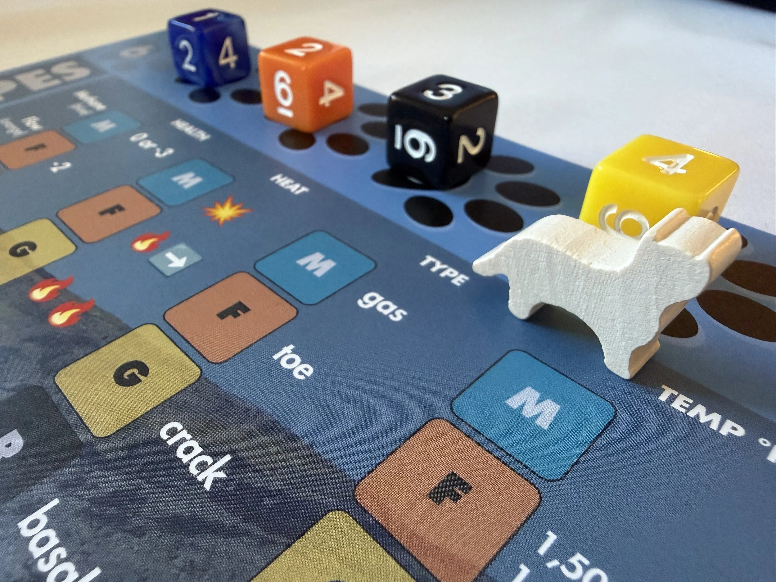 white cat meeple in front of a 4 yellow "glow" die