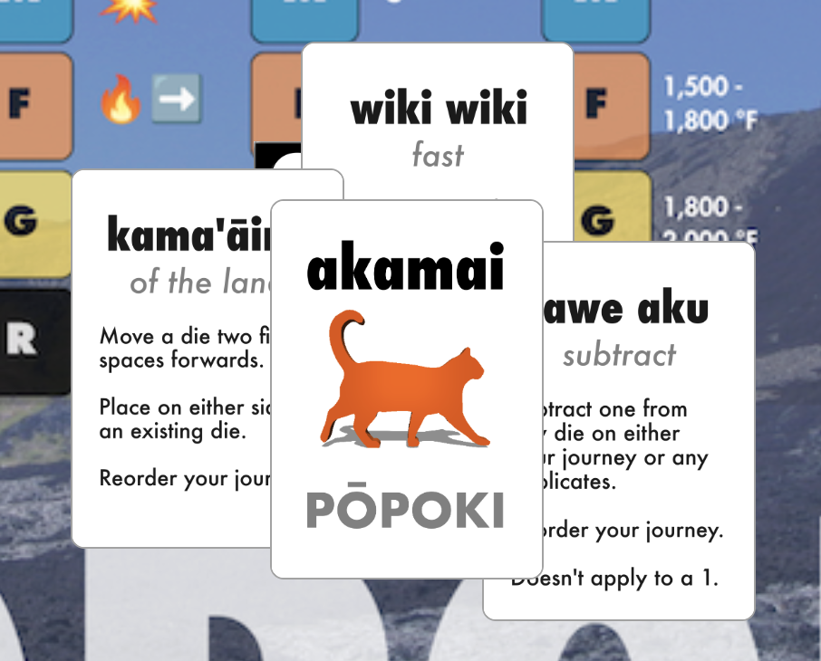 sample of three akamai cards, including kama'aina, wiki wiki, and lawe aku