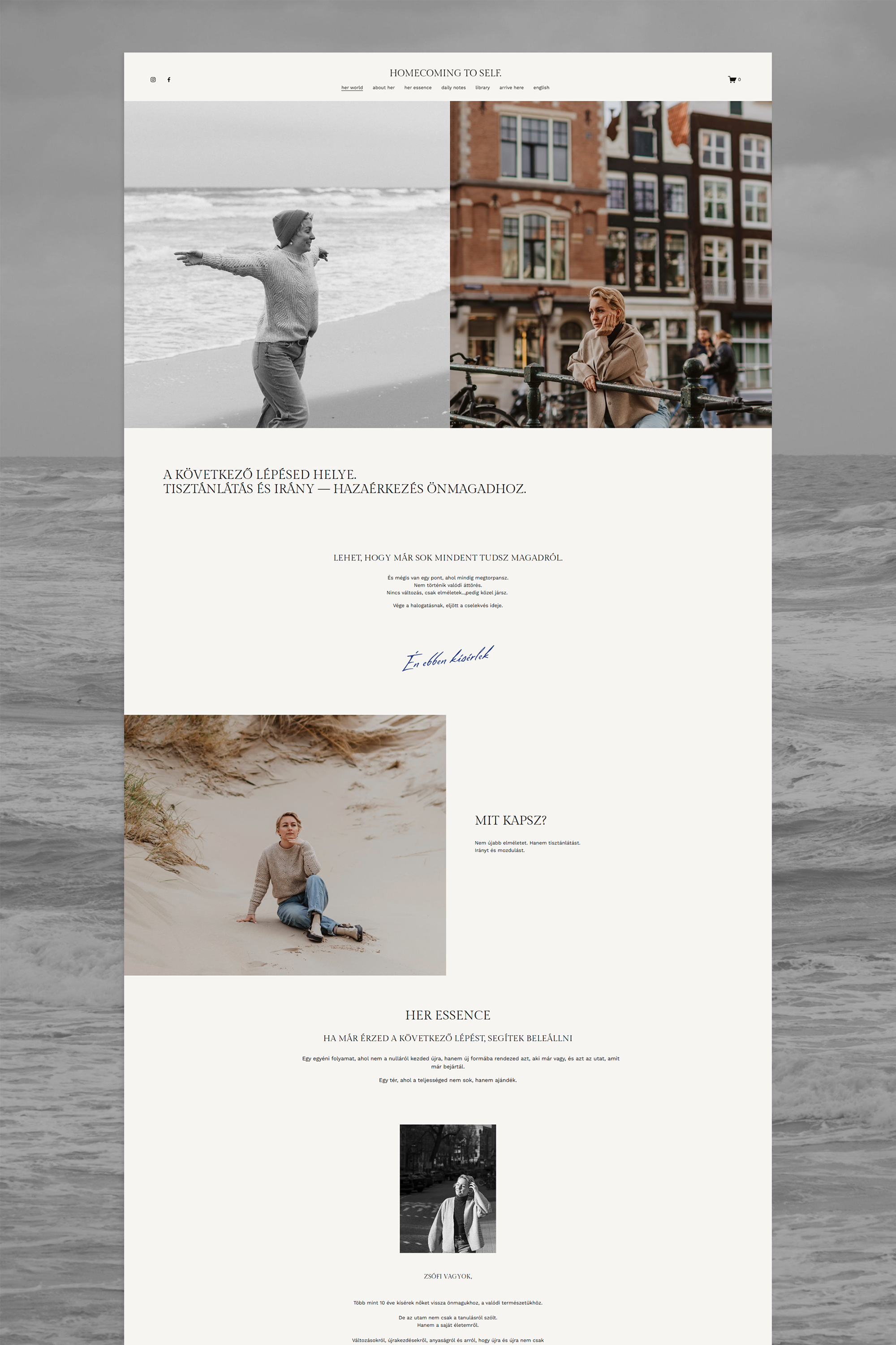 A webpage titled 'Homecoming to Self' features a split image: on the left, a black-and-white photo of a woman at the beach with arms outstretched; on the right, a woman leaning on a railing in an urban setting with colorful buildings in the backgroun