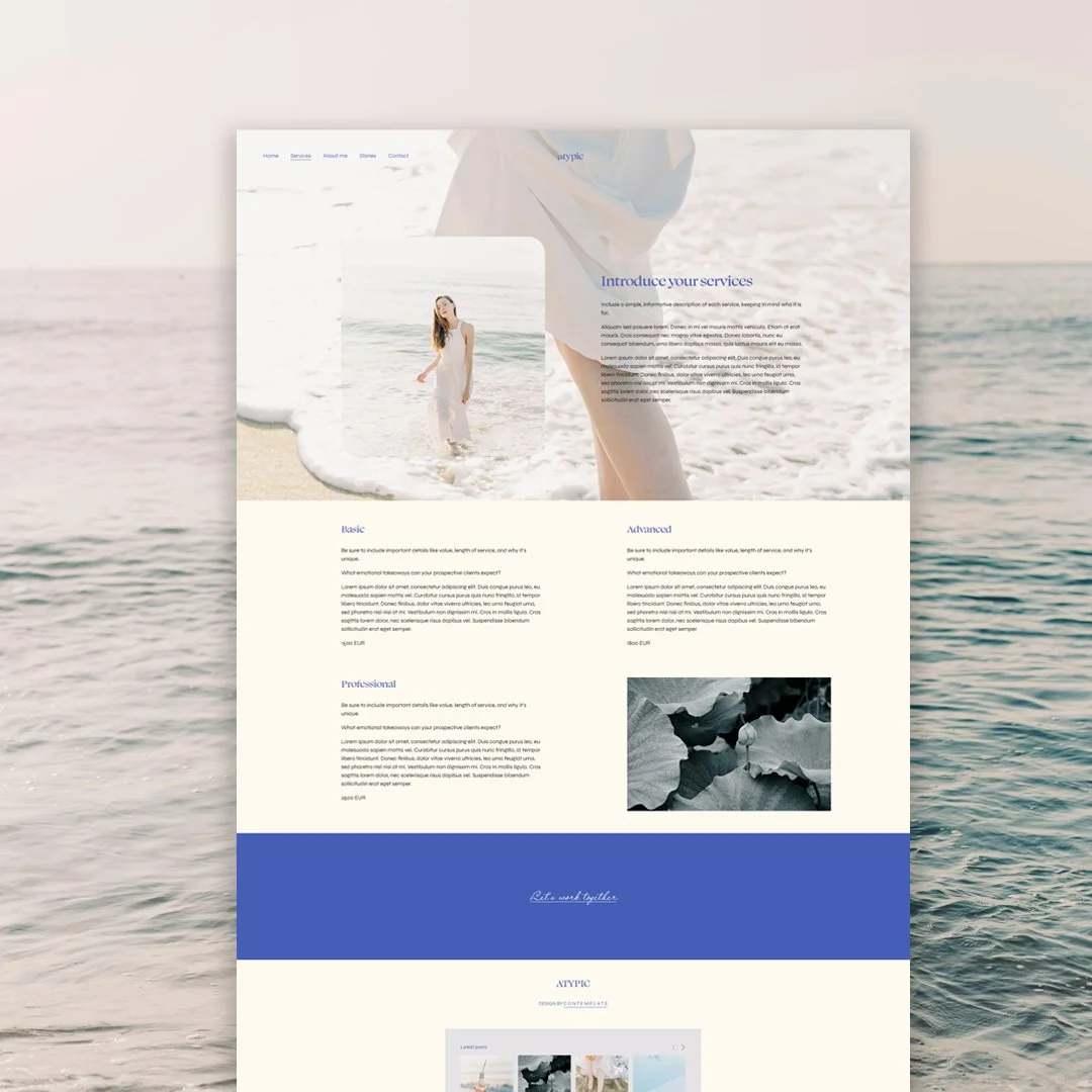 A website displayed on a digital screen, showing an image of a woman in a white dress standing in shallow ocean water, with waves and sand in the background.