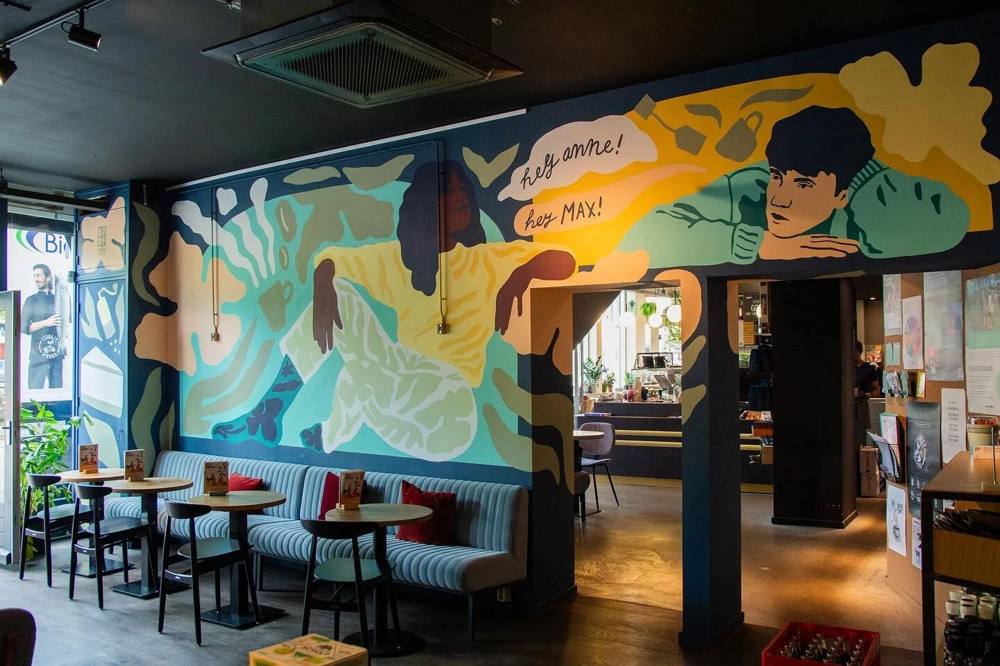 We made this mural in the Anne&amp;Max in Groningen (@annemaxgroningen) a couple of weeks ago. All of the Anne &amp; Max cafe&rsquo;s feature some local artists artwork, and this one has our mural!

We got the paint #donated by @FlexaNL !