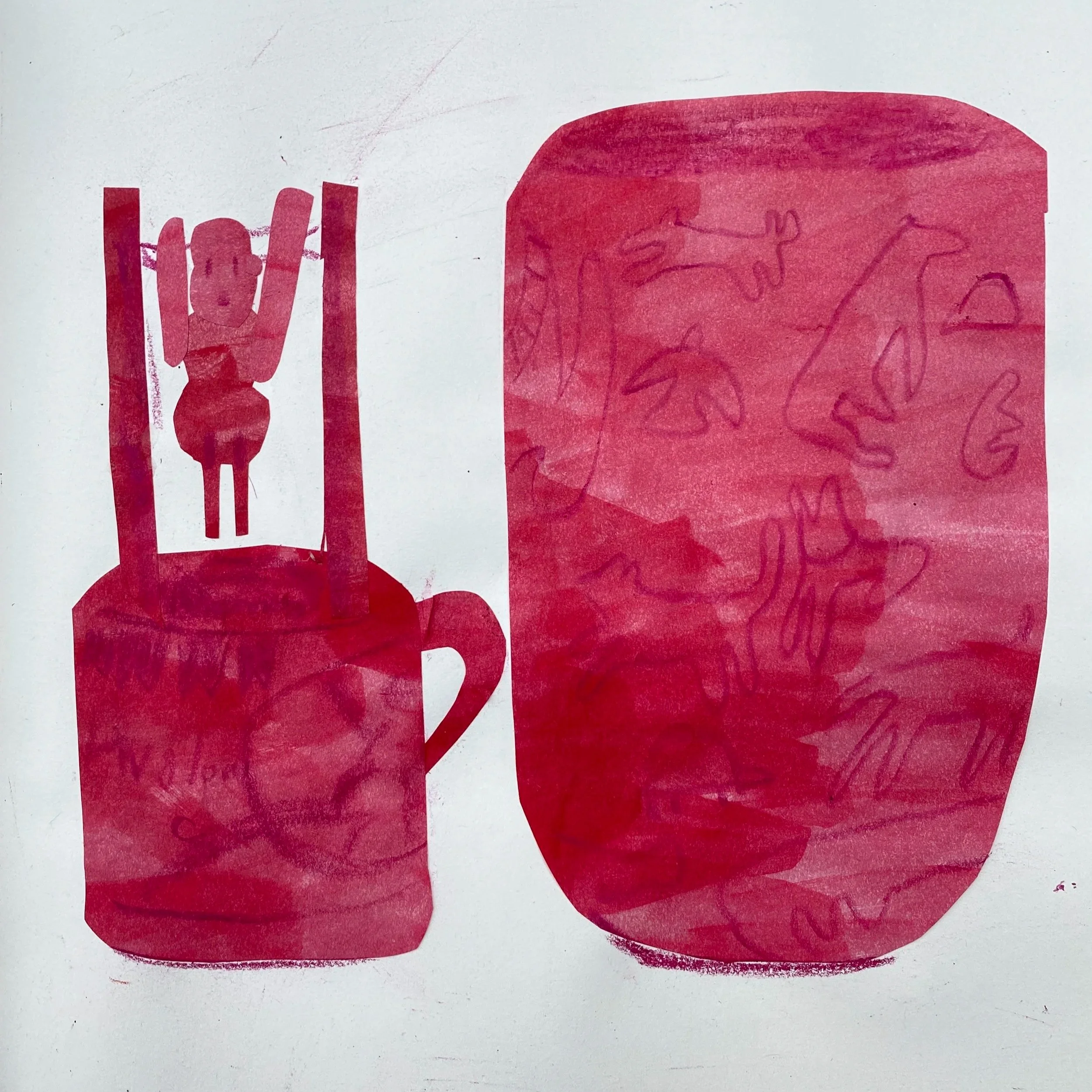 A collage by illustrator  Sarah Lacey, showing a vase, a mug and a monkey toy. Made by hand using cut, painted paper and drawing