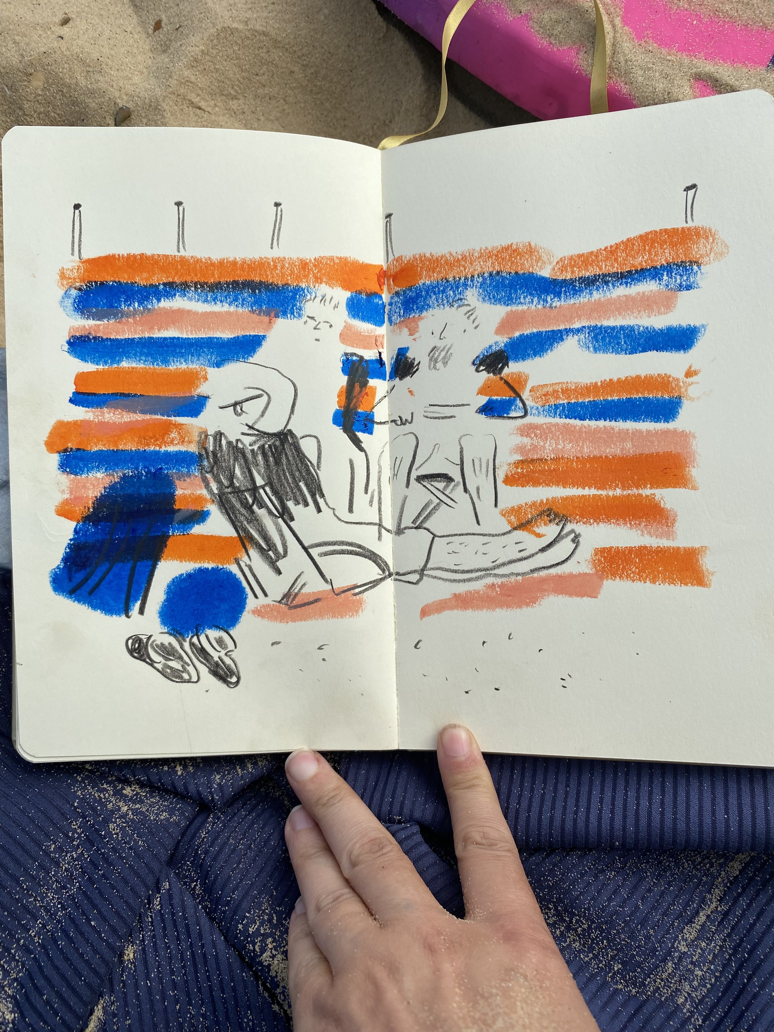 Hand-drawn sketch of three people seated on a beach behind a striped windbreaker 
