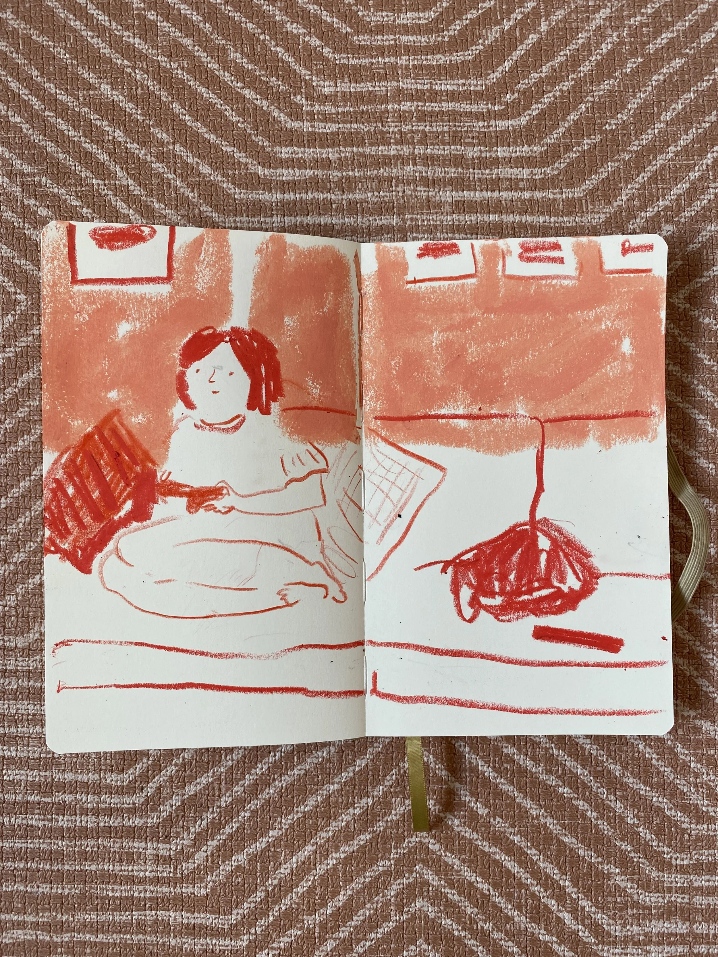 A hand-drawn sketch in red pastel and paint stick, drawn from life. A small child sits on a sofa with pictures on a wall behind