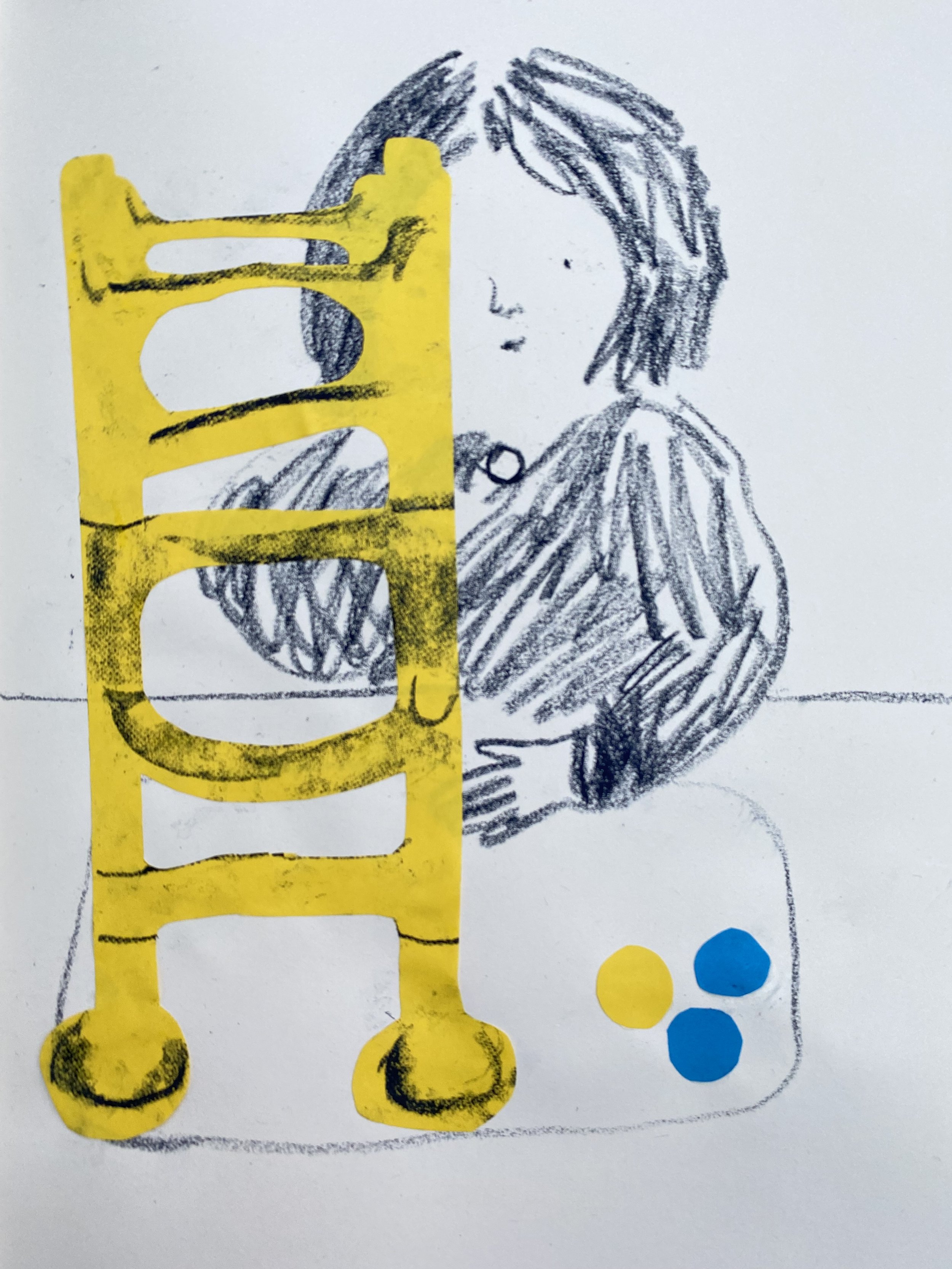 A collage illustration  by Sarah Lacey. An observational drawing of a child playing with a marble run. The marble run is depicted in paper, whilst the child is drawn in chalk pastel. 