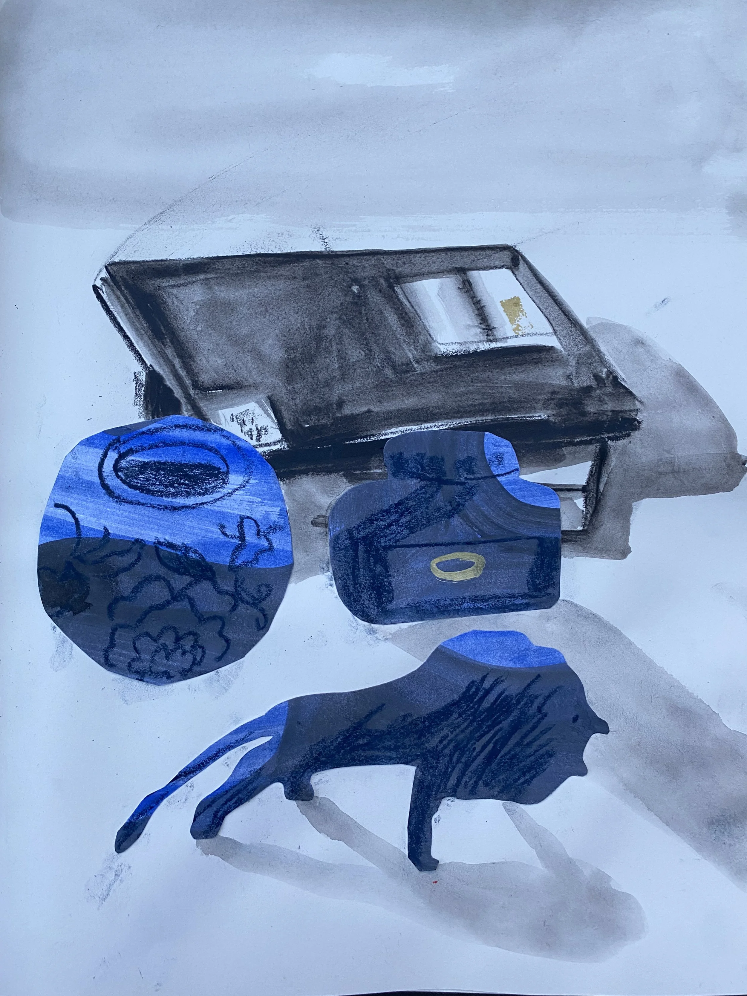 A collage illustration by Sarah Lacey. Made using cut painted paper, ink and drawing. An image of a toy lion, a pile of sketchbooks, a small round vase and an ink bottle