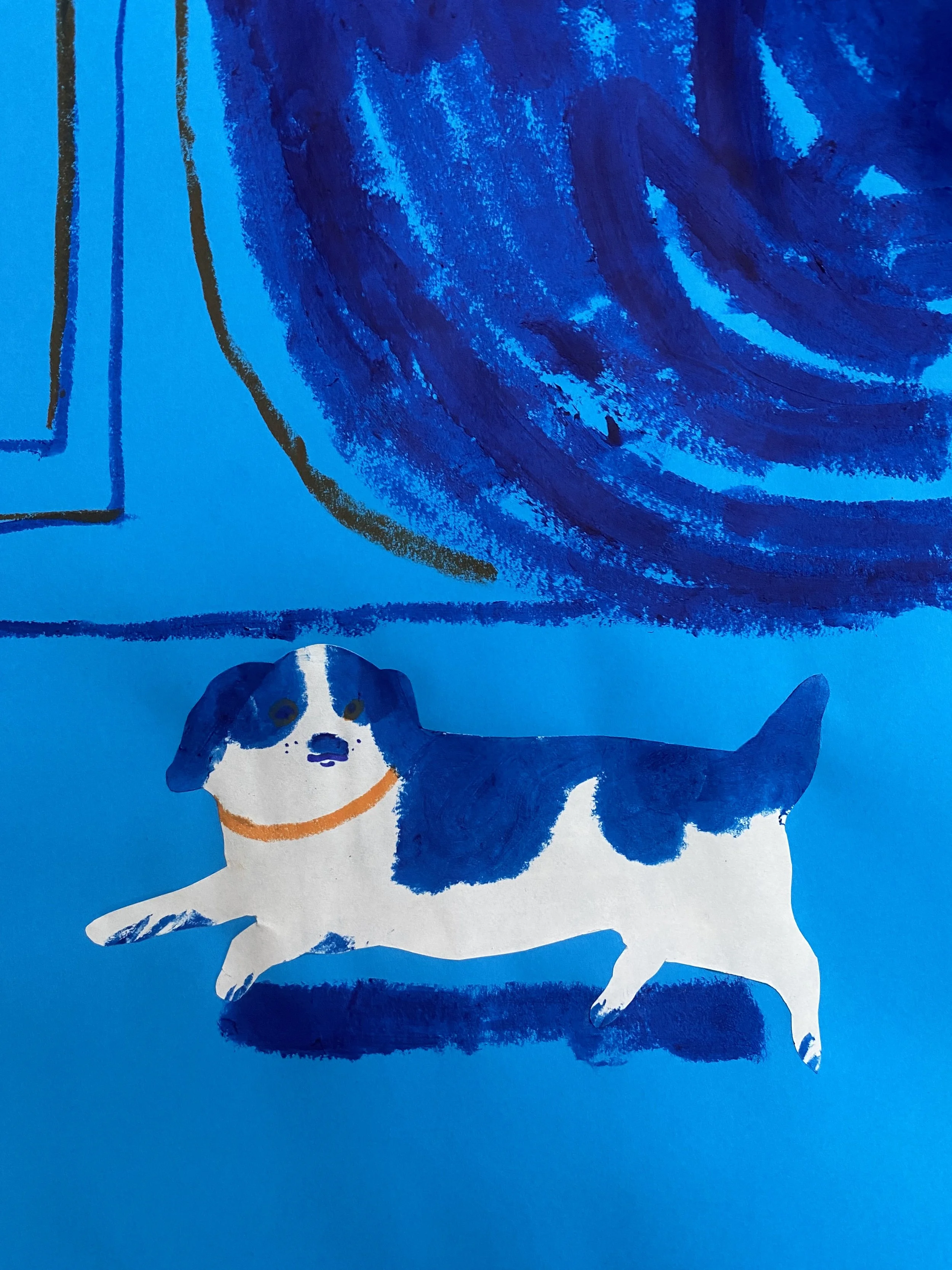 A collage illustration by artist Sarah Lacey based on a painting of Queen Victoria's dog Dash, said to have inspired the Staffordshire Pottery dogs