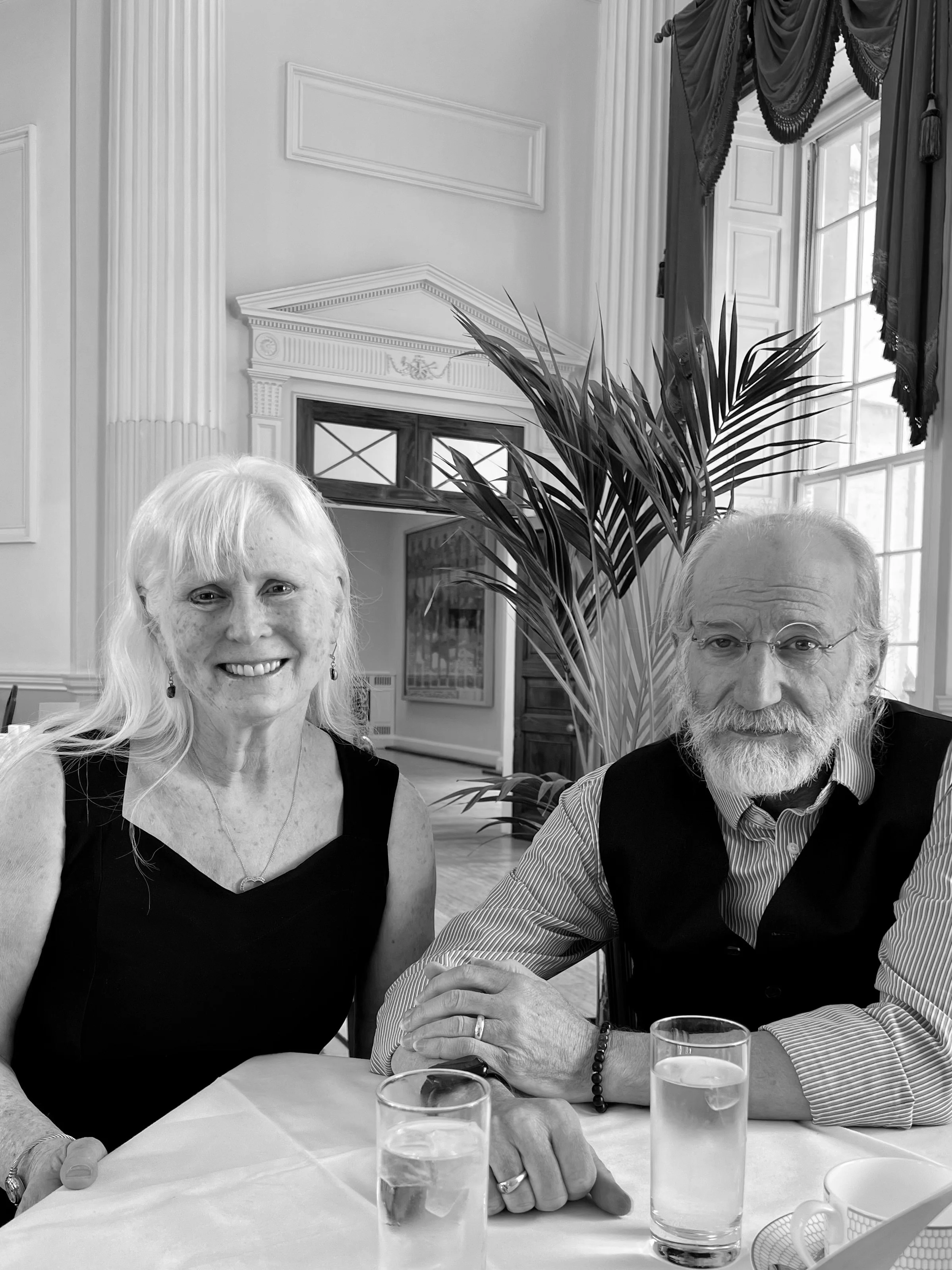 A black and white photo of Catherine Golden (left) and Michael Marx (right)