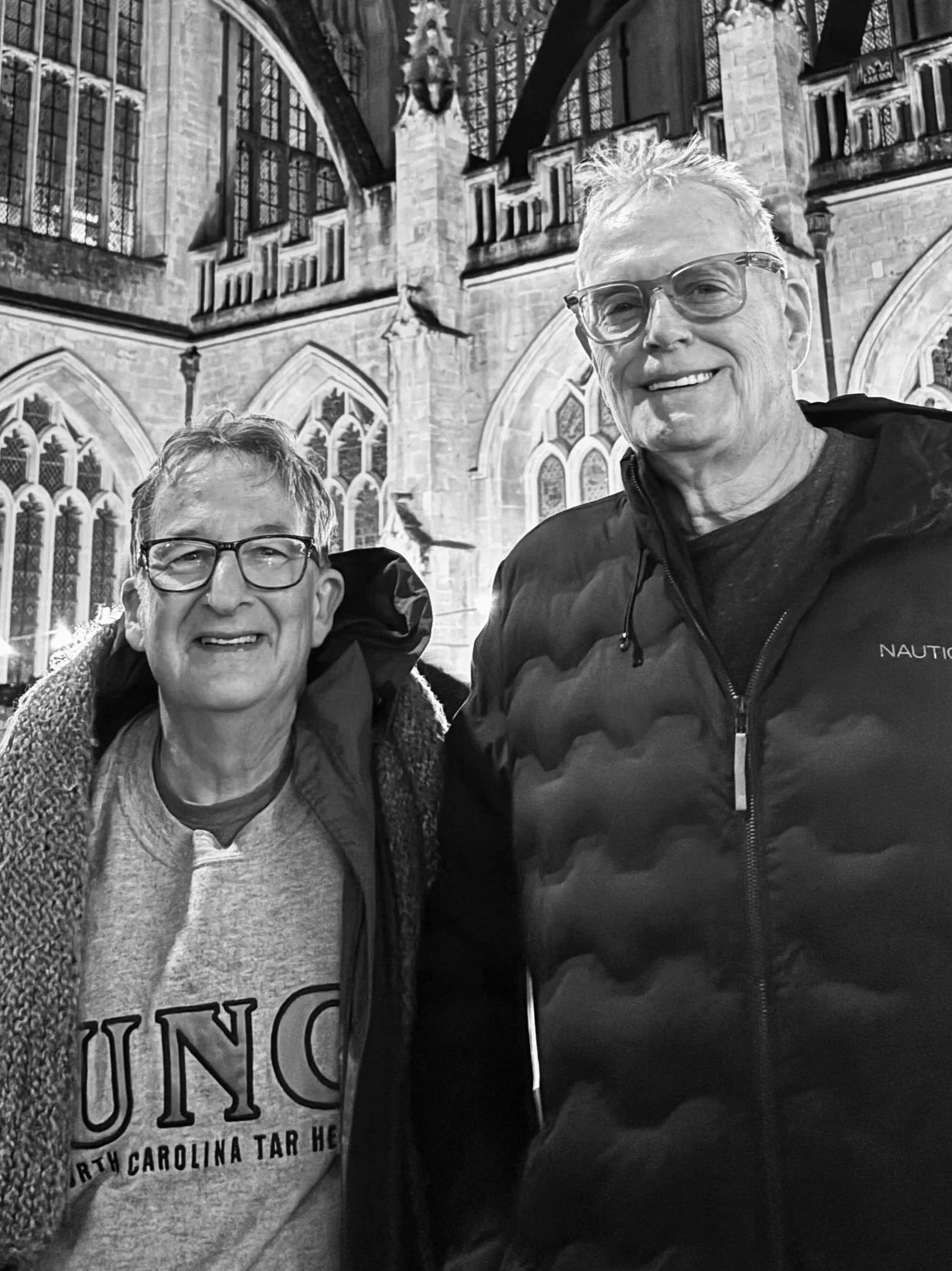 Warren Rochelle and Gary Nelson with Bath Abbey as a backdrop