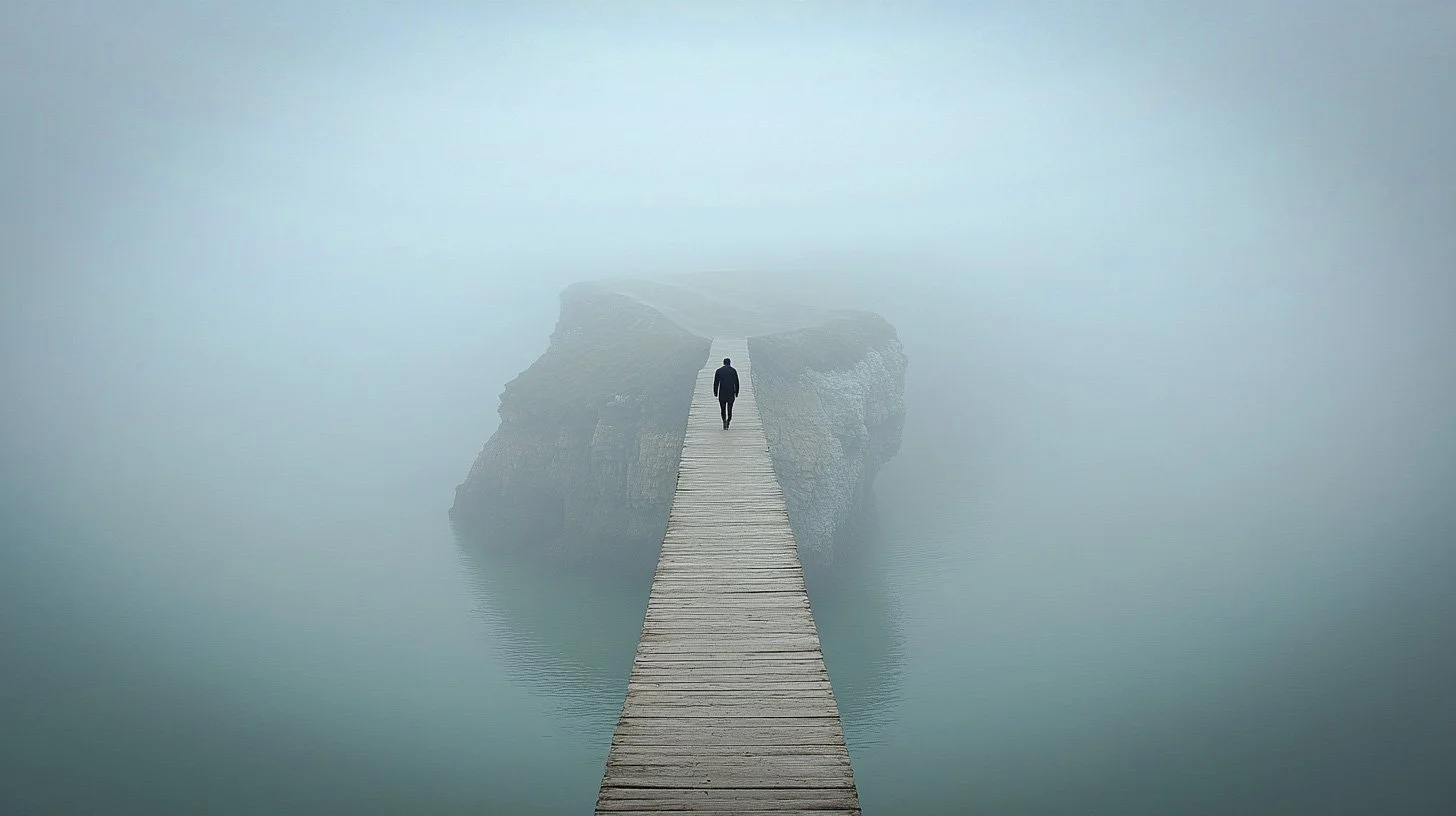 "A lone figure walking on a narrow wooden bridge into dense fog, symbolizing a journey of discovery and transformation."