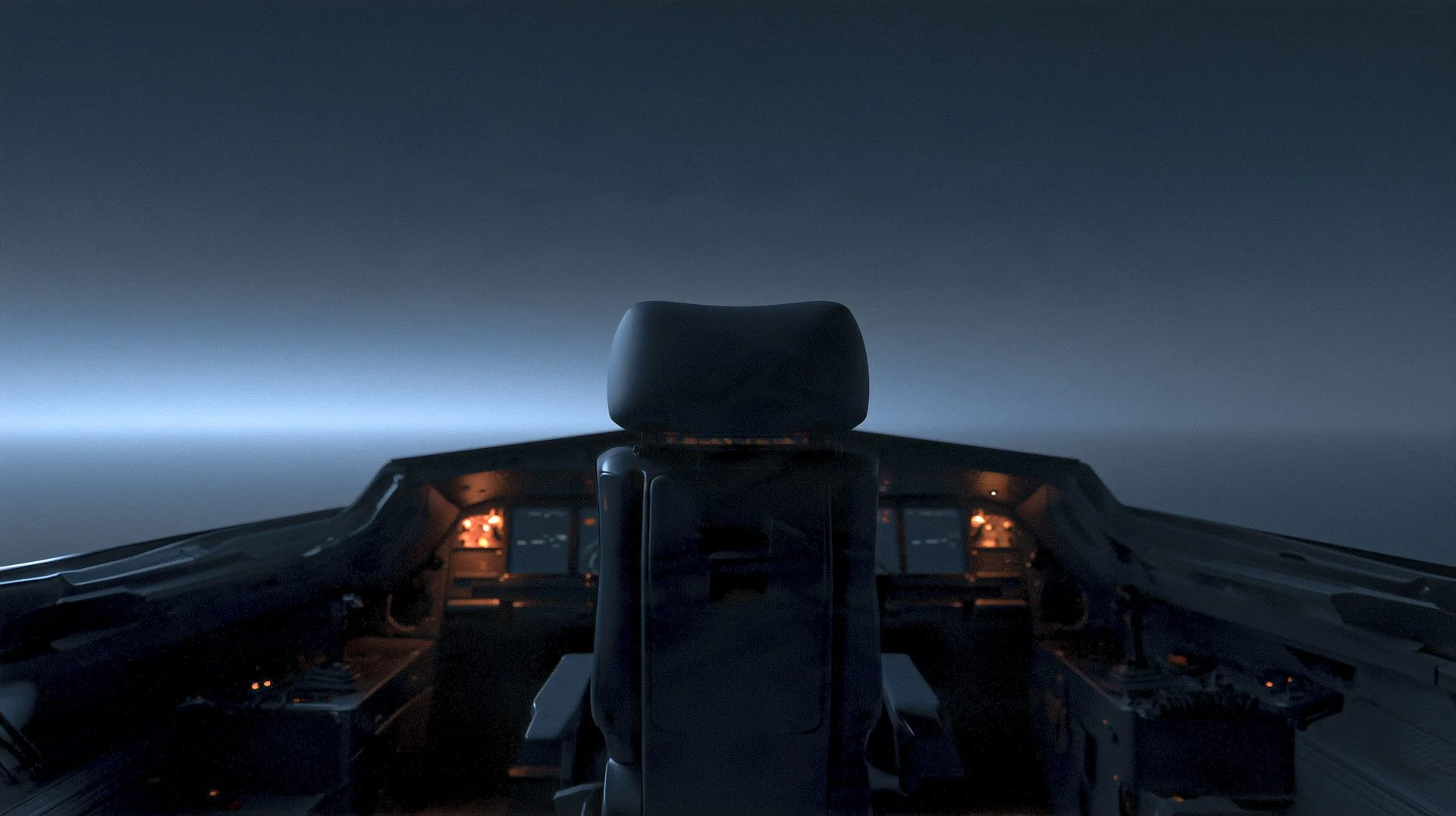 Empty pilot seat in a darkened flight simulator cockpit, glowing instruments below a pale horizon
