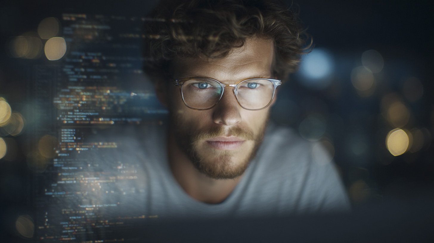 A close-up of a programmer’s focused expression as code reflects in his glasses.