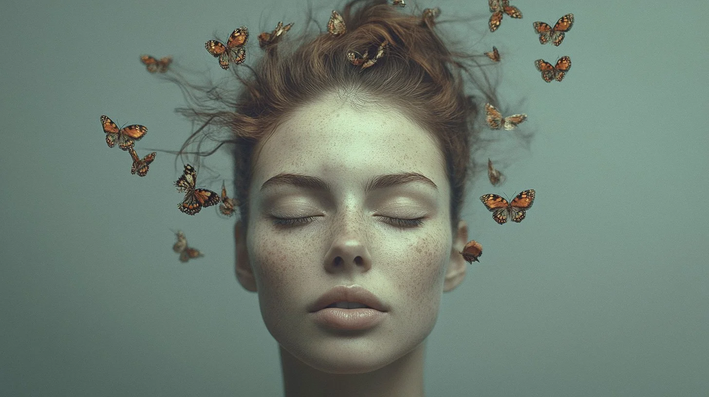A serene woman with closed eyes surrounded by orange butterflies, symbolizing transformation and creative mindfulness.