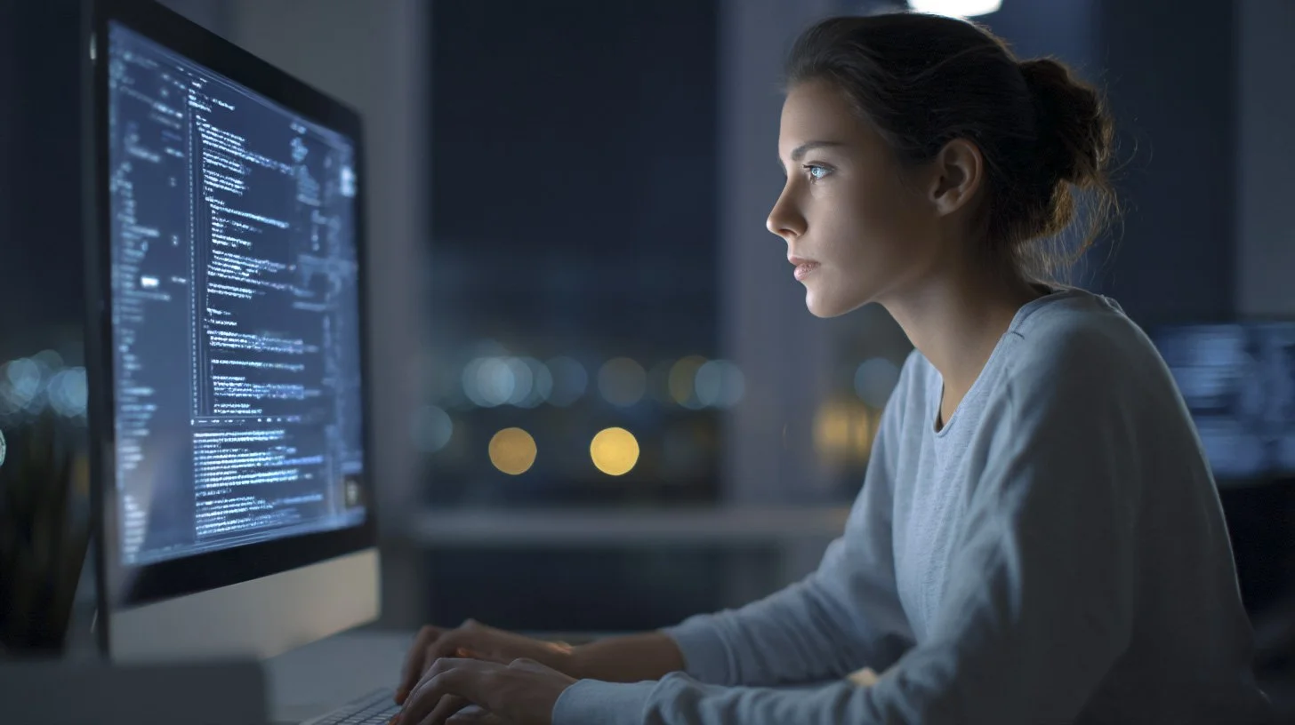 A developer sits at a desktop computer late at night, watching generated code appear on the screen