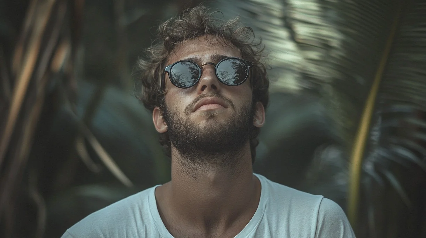 A thoughtful man in sunglasses looking upward in a serene, green environment, representing introspection.