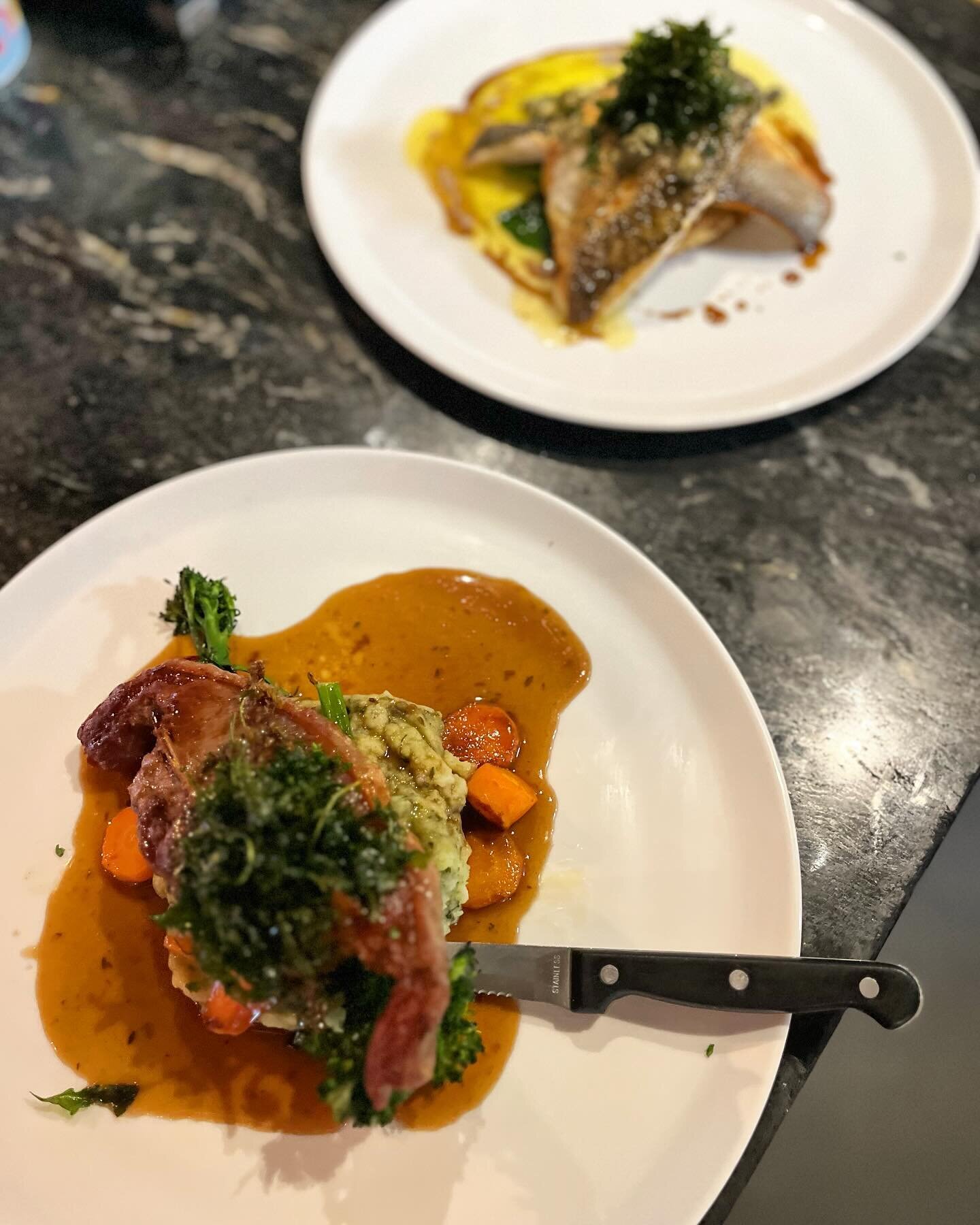 Two of our favourites from the specials board, 
Barnsley lamb chop, minted mash, honey glazed carrots, rosemary &amp; red wine jus
Seabass fillets, lemon infused potato rosti, sea samphire, lemon &amp; caper butter.