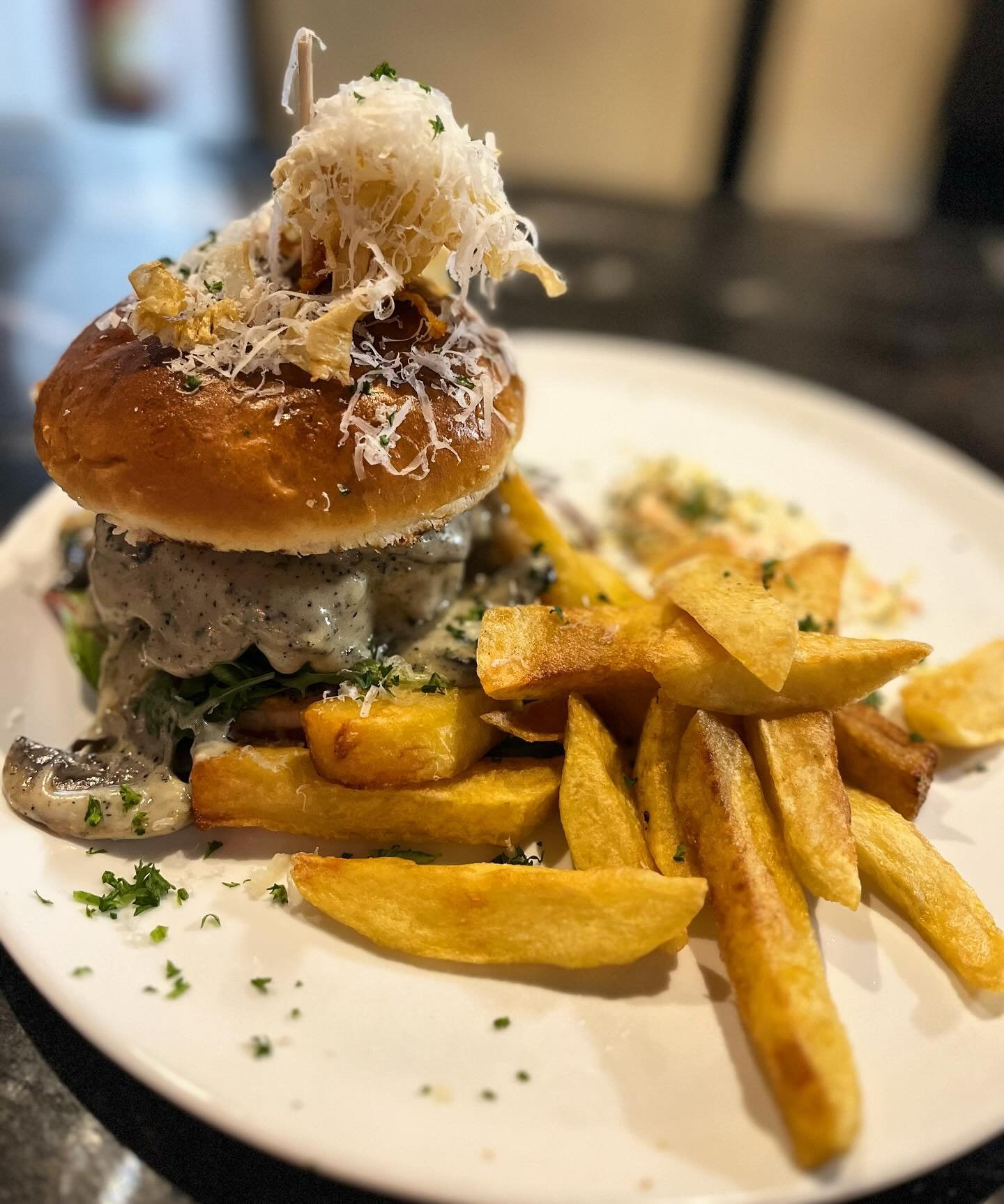 Our indulgent burger special today. Beef patty, Monterey Jack, bacon, truffle, mushroom &amp; cheese sauce, crispy onions 👌🏻🍔