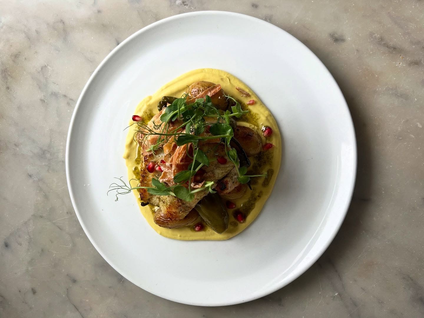 Look at this for a special! Fresh Monkfish with a curried cauliflower puree, garlic roasted new potatoes and salted padron peppers.