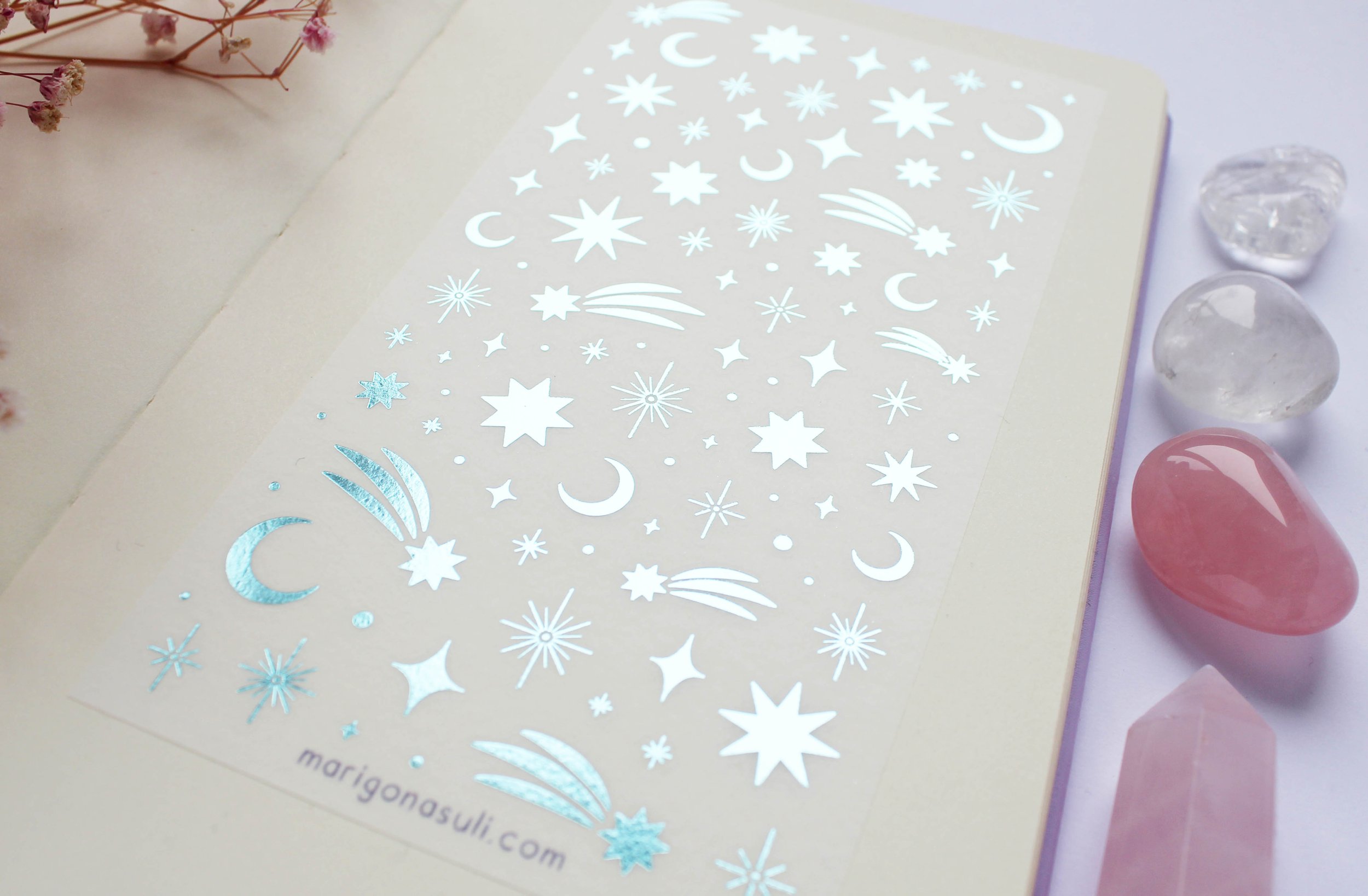 Moon And Stars Blue  Foil Sticker Stickers Stationery Wasi Tape Journal Journaling Planner Planning Junk Journal Bullet Journal Spooky Witchy Magical Cute Witch Cat Marigona Suli Illustration Art.jpg