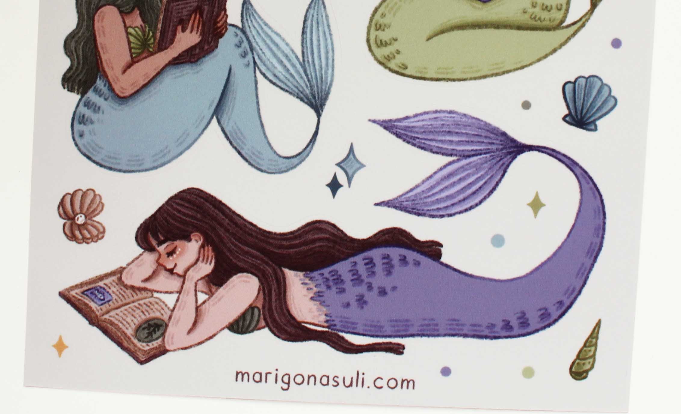 Reading Mermaids 3 Sticker Sheet, Journaling, Planner, Planning, Scrap Book, Stationery Lover, Art, Illustration, Marigona Suli, Magical, Spooky, Witchy, Witches, Sticker, Sticker Sheets.jpg