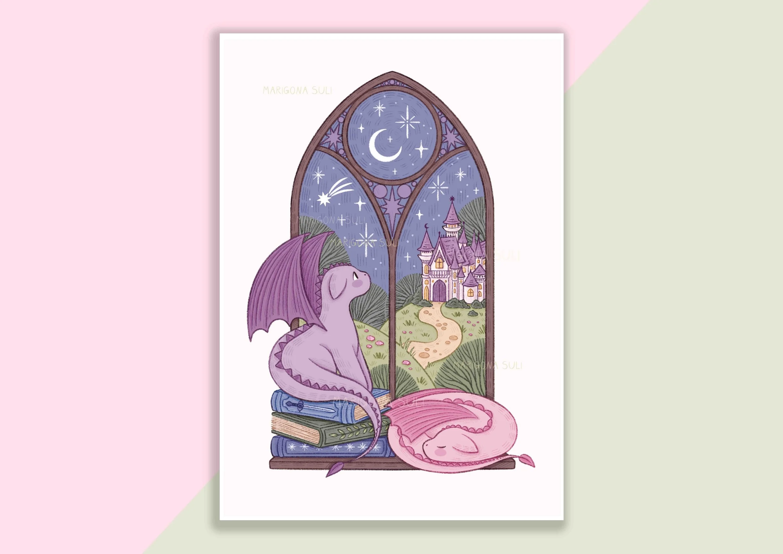 Fairy Tale Dragons On A Window Print