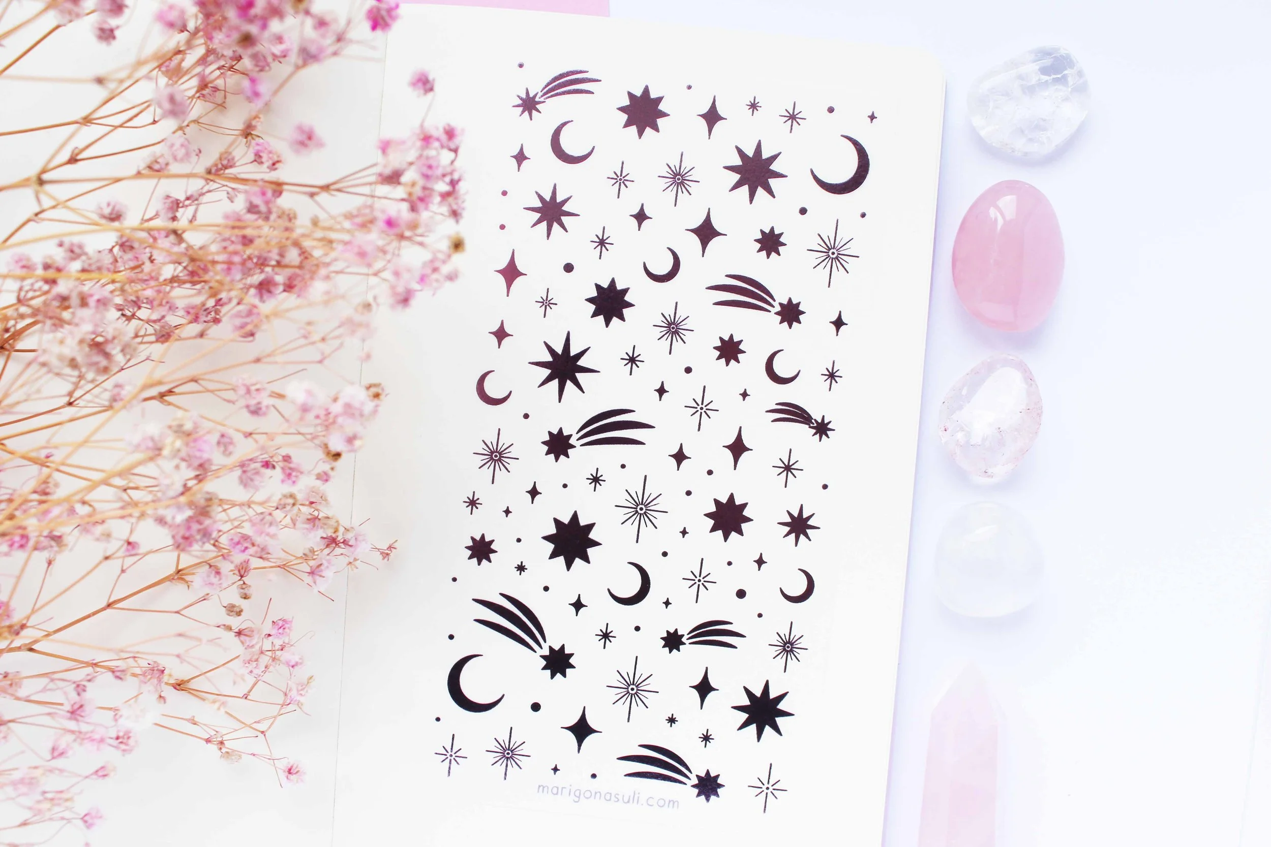 Moon And Stars Pink Foil Sticker Sheet, Bullet Journal, Planner, Bujo, Scrapbook, Sticker, Stationery, Paper, Washi, Witchy, Halloween, MArigona Suli Magical, Witch, Magic.jpg