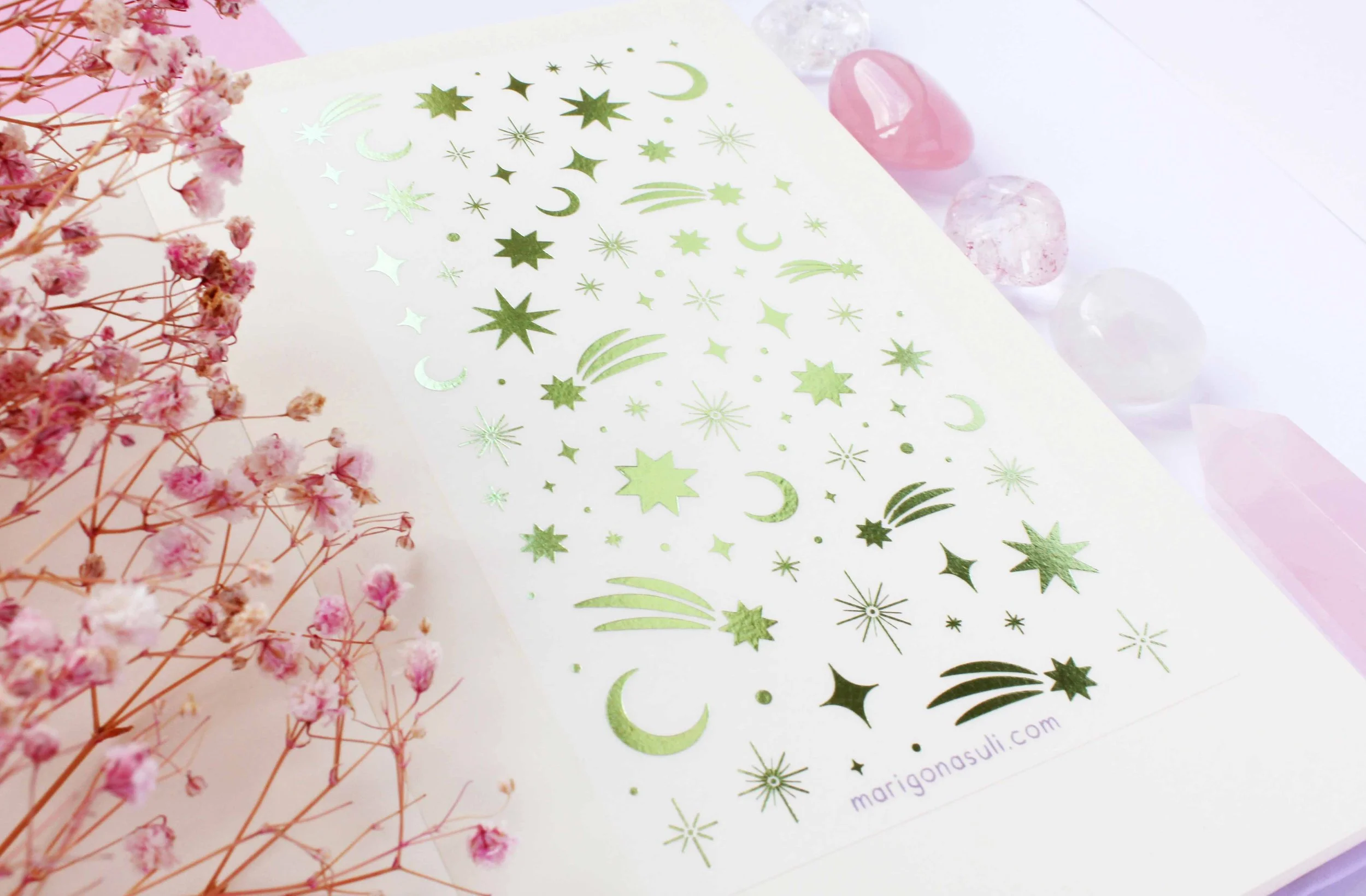 Moon And Stars Green Foil Sticker Sheet, Bullet Journal, Planner, Bujo, Scrapbook, Sticker, Stationery, Paper, Washi, Witchy, Halloween, MArigona Suli Magical, Witch, Magic.jpg
