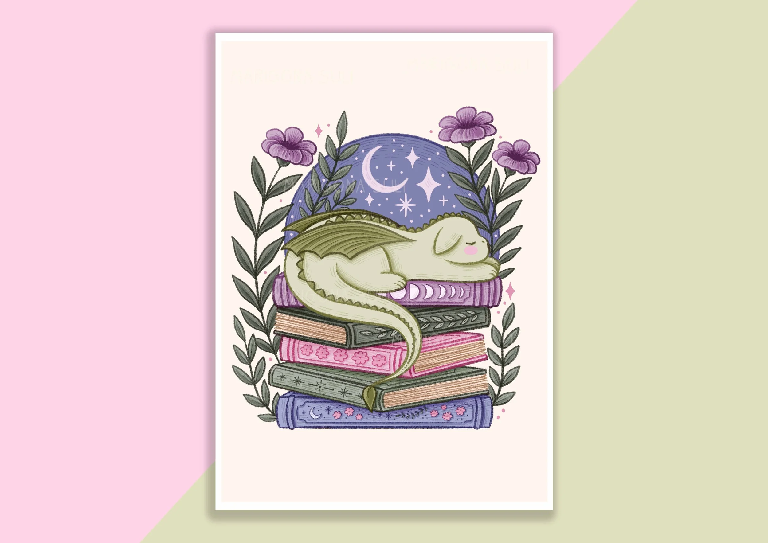 Dragon And Books With Purple Fowers Print A4 Sticker Sheet, Bullet Journal, Planner, Bujo, Scrapbook, Sticker, Stationery, Paper, Washi, Witchy, Halloween, MArigona Suli Magical, Witch, Magic.jpg