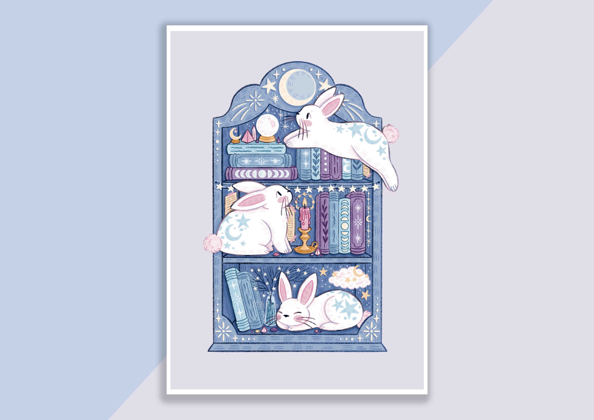 Bunnies On A Bookshelf Print