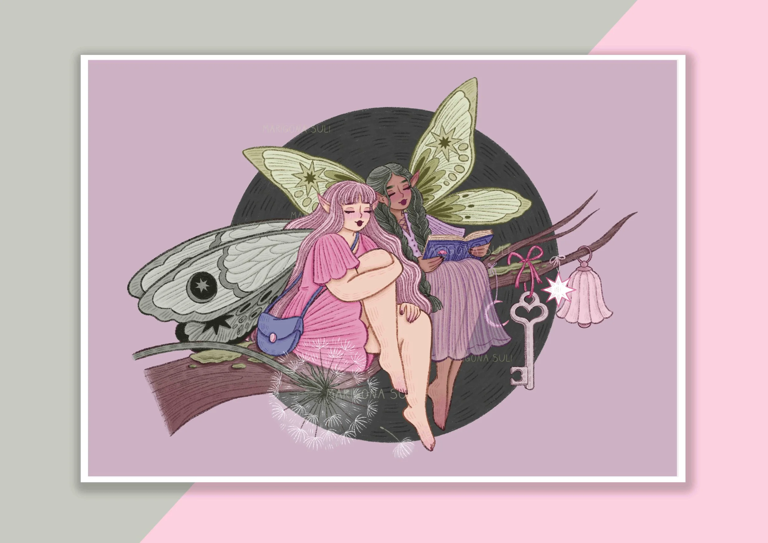 Two Fairies On A Branch Print