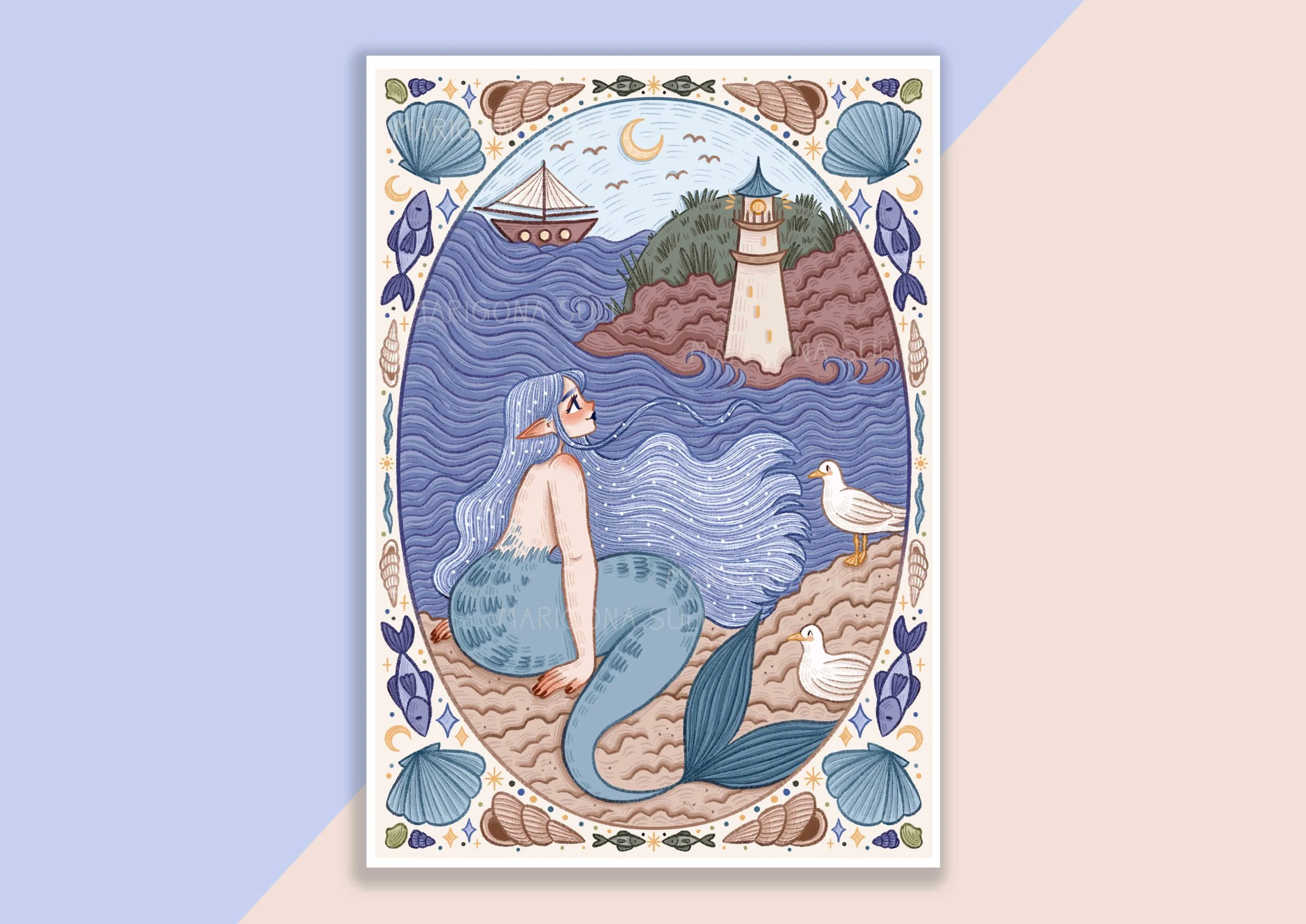 Mermaid Looking At A Lighthouse Print A4 .jpg