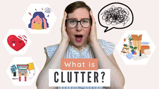 Kati Carrapa surrounded by clutter illustrations and a scribbled speech bubble