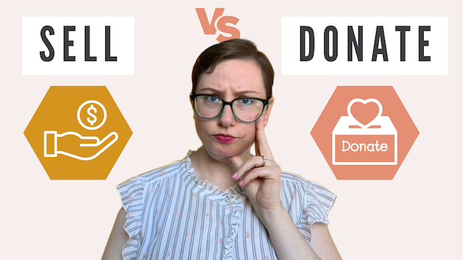 Kati Carrapa with the words sell vs donate above her