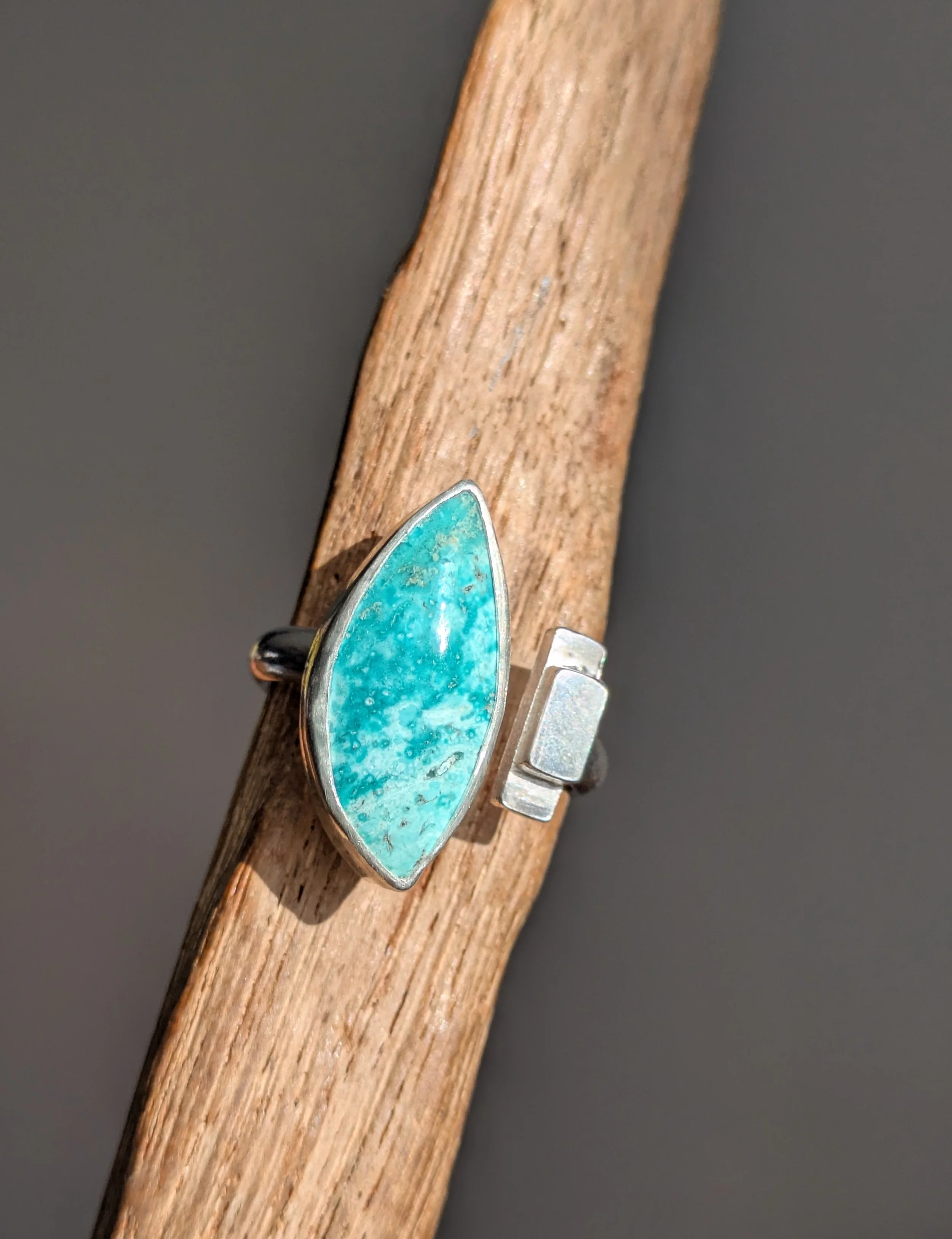 Blue Opal Wood & Silver Open Ring