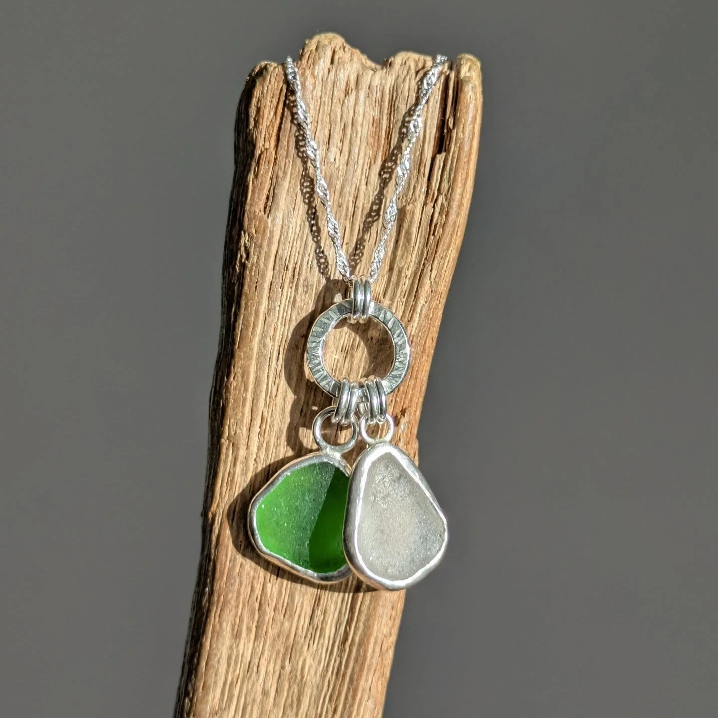Seaglass duo pendant. 
Hand crafted recycled silver pendant with seaglass I've collected from my local beach, Bracklesham bay. 

Anyone else missing the sun at the moment?? It's been so grey this week, I'm most definitely craving some vitamin sea!.

