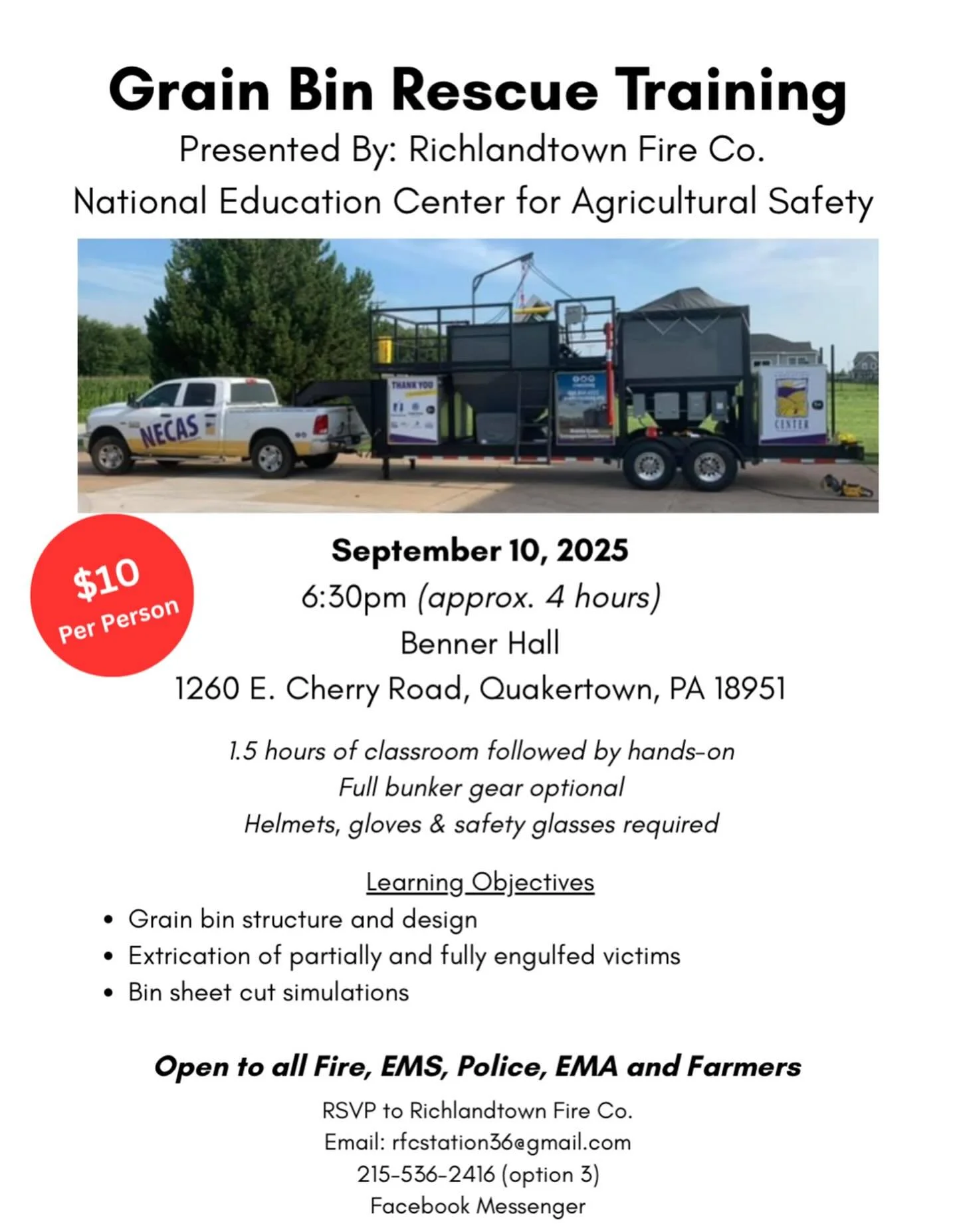 Richlandtown Fire Co. has partnered with the National Education Center for Agricultural Safety to host a Grain Bin Rescue training course on Wednesday, September 10th at 6:30pm. This course is open to all Fire, EMS, Police, EMA, and farmers. Feel fre