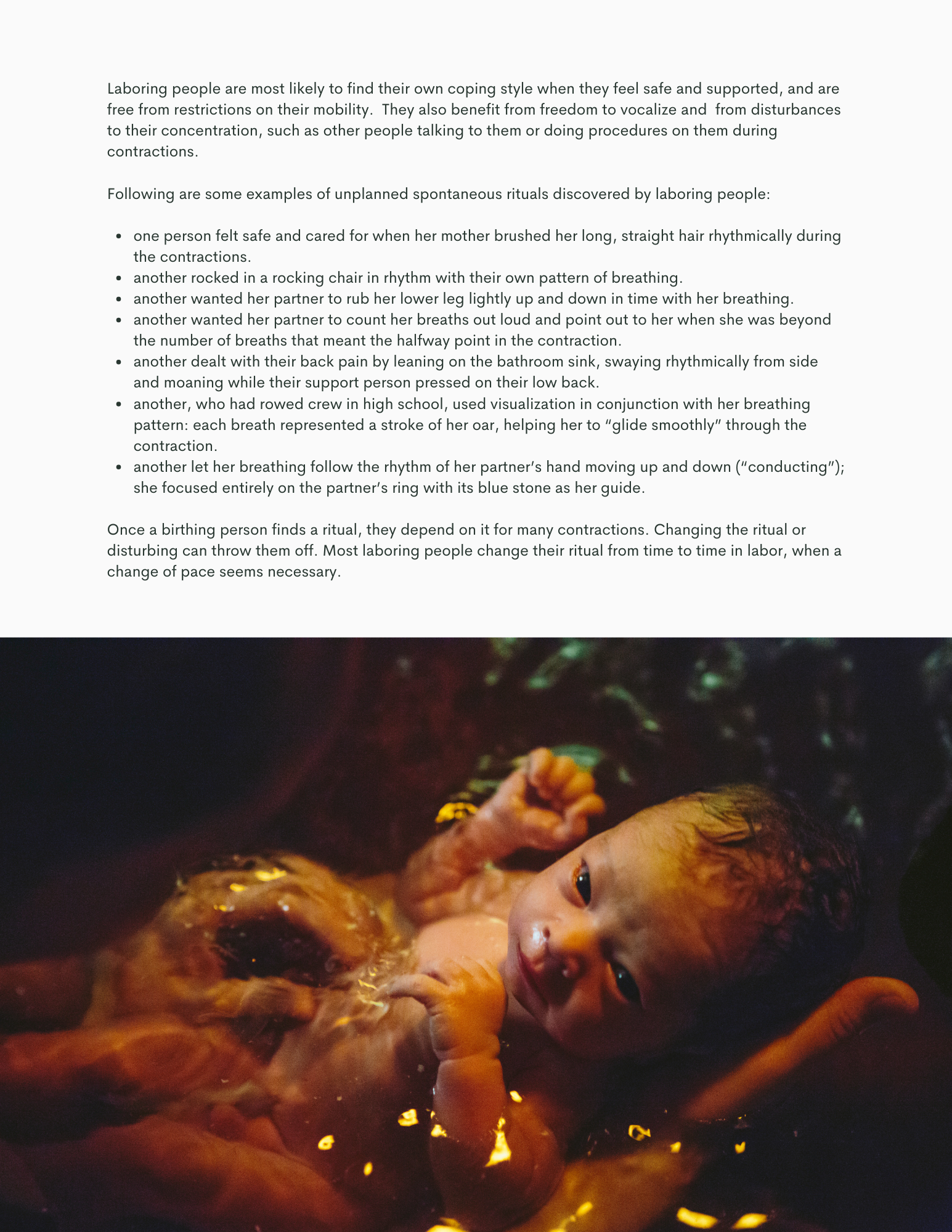 Text on laboring coping methods and rituals with an image of a newborn baby in water.