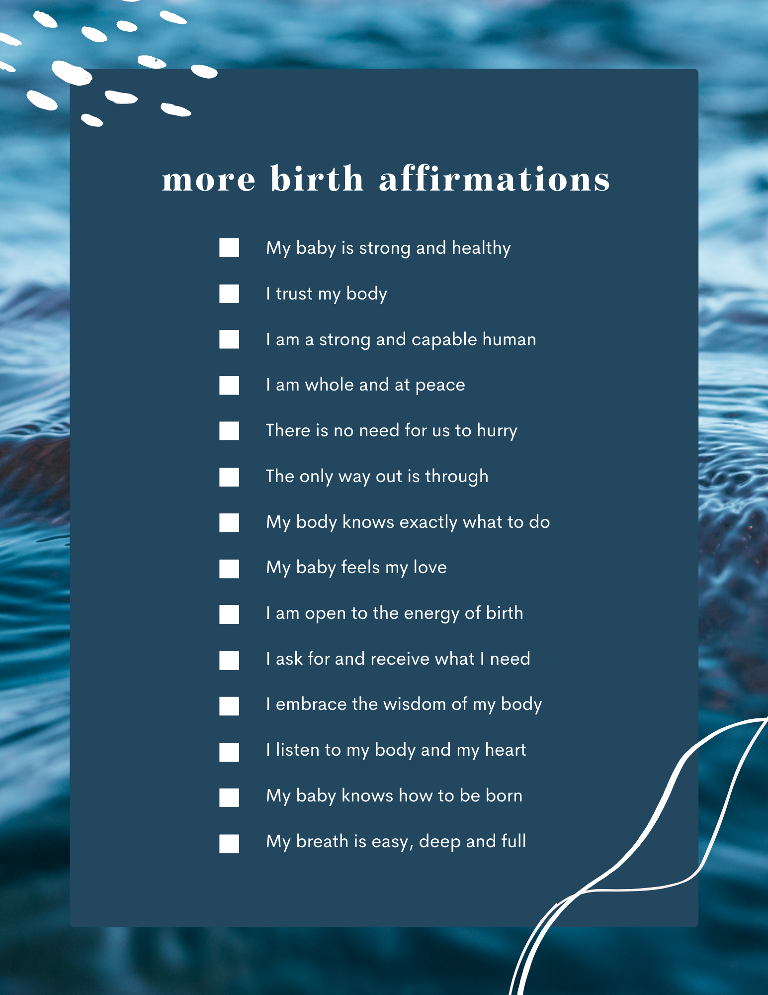 List of birth affirmations on water-themed background.