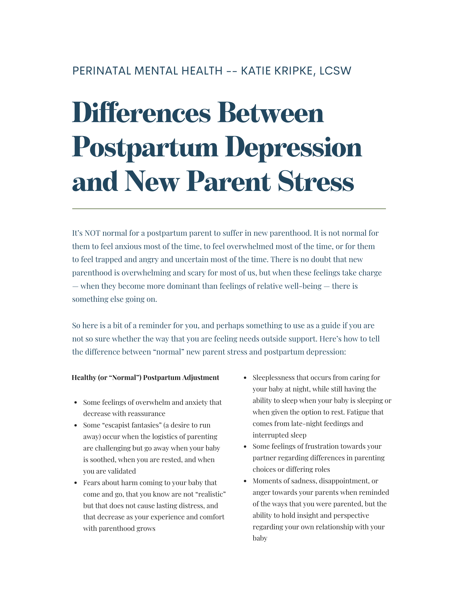 Document titled "Differences Between Postpartum Depression and New Parent Stress" by Katie Kripke, LCSW, discussing signs of normal postpartum adjustment versus postpartum depression, aiming to differentiate the two conditions.
